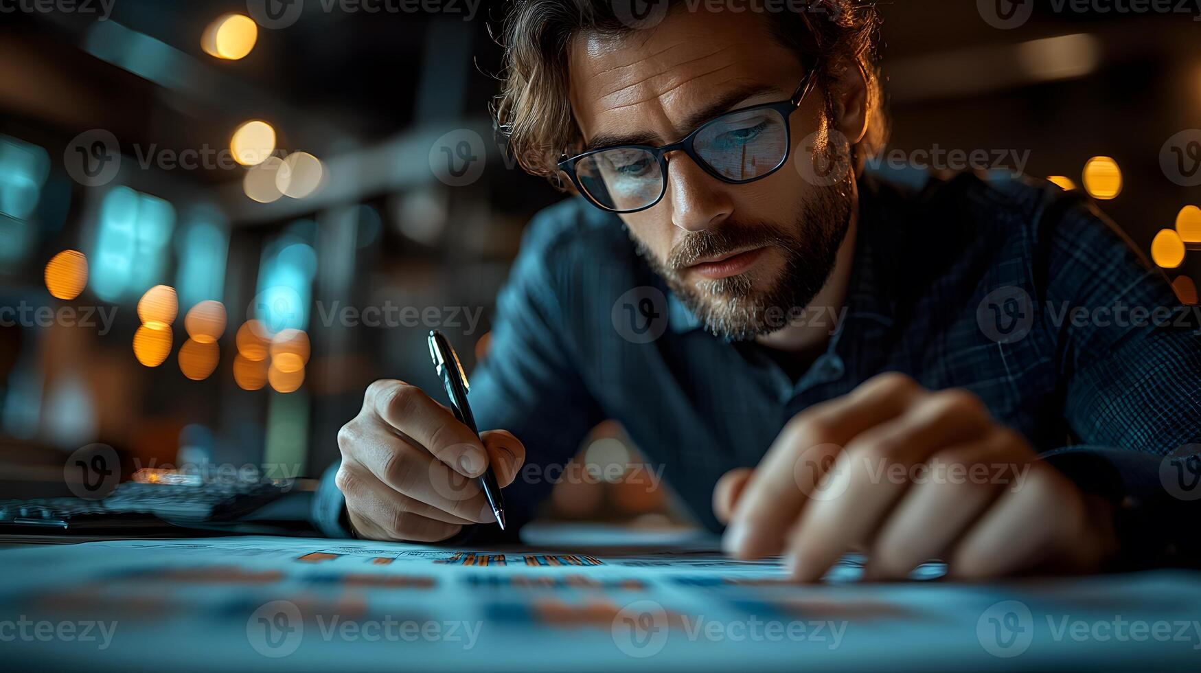 Corporate setting showing a professional reviewing data reports with stock graph in the background photo