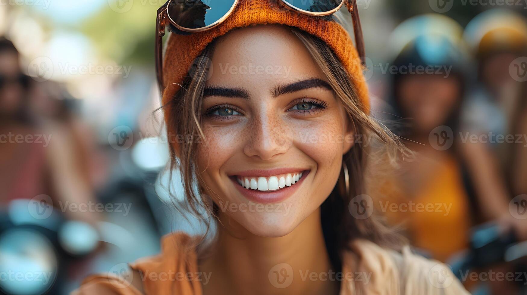 Smiling group of people renting scooters surrounded by city square activities photo