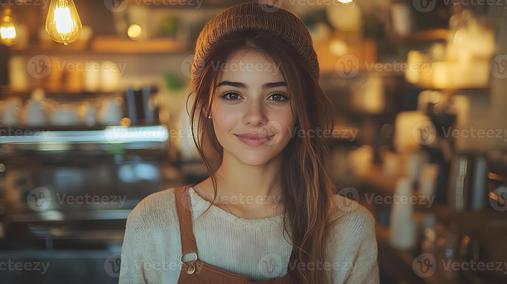 Small business owner interacting with customers in her cozy minimalist coffee shop photo