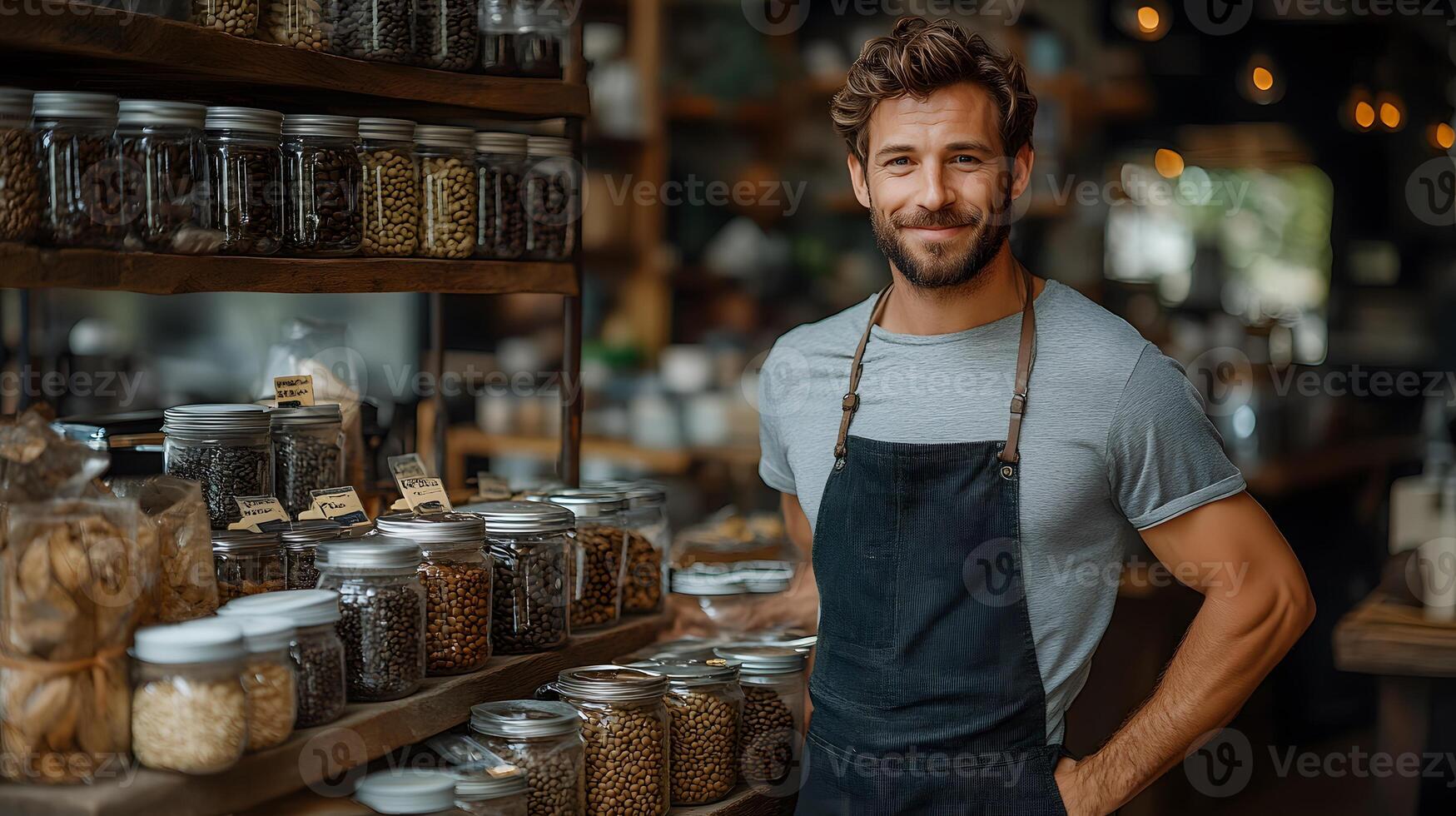 Owner organizing coffee beans and supplies on a wooden shelf in a rustic cafe. photo