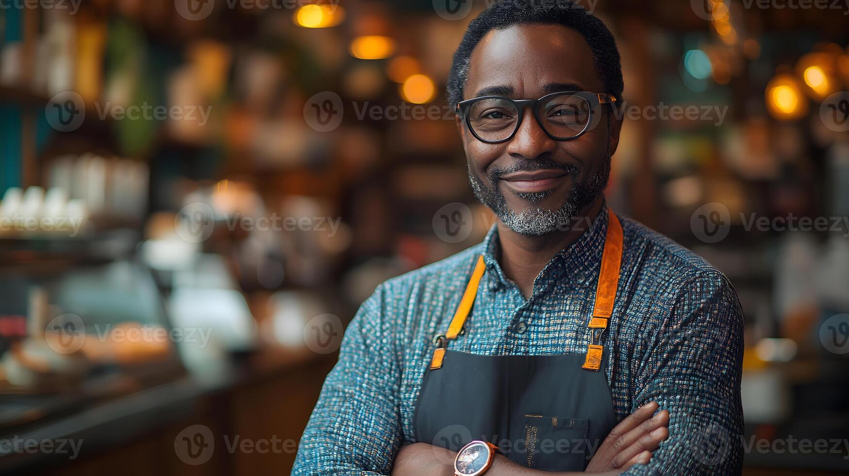 Small business owner overseeing staff in a vibrant and lively coffee shop environment photo