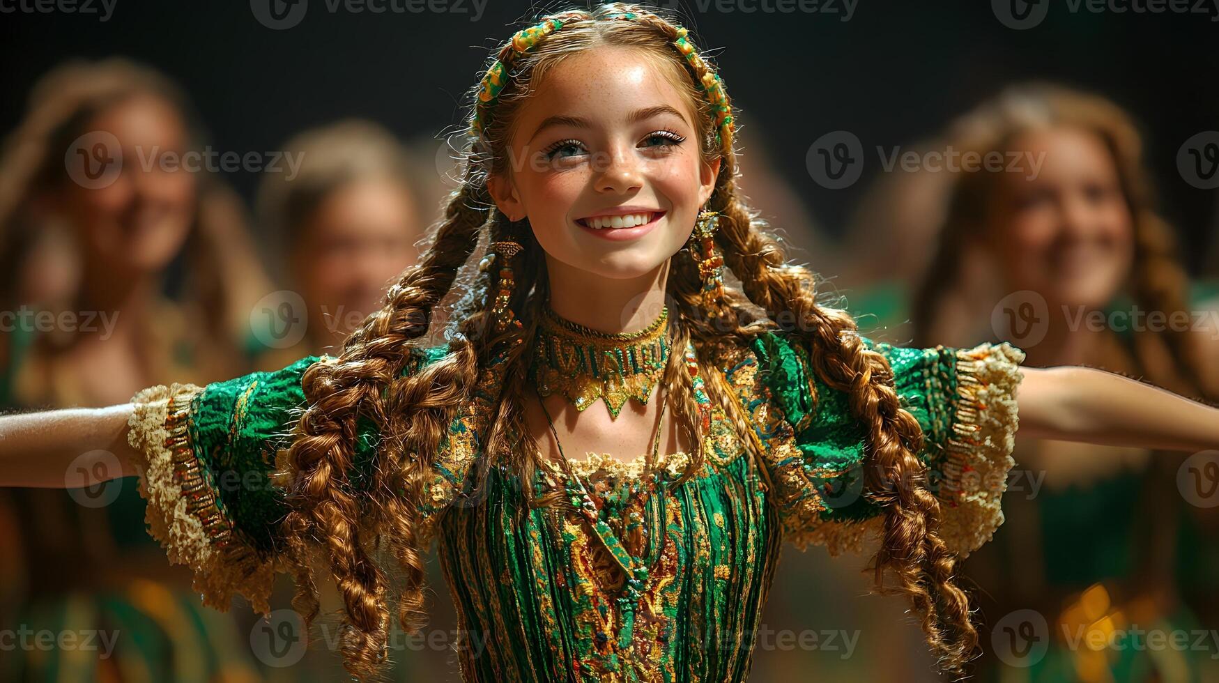 Irish dancers performing with joyful expressions in lively cultural event photo