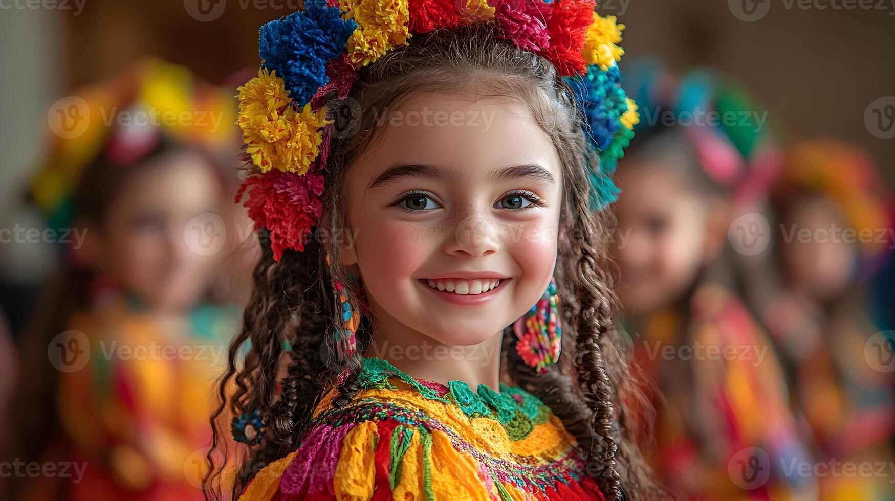 Children learning Irish dance in cultural workshop, wearing vibrant costumes. photo