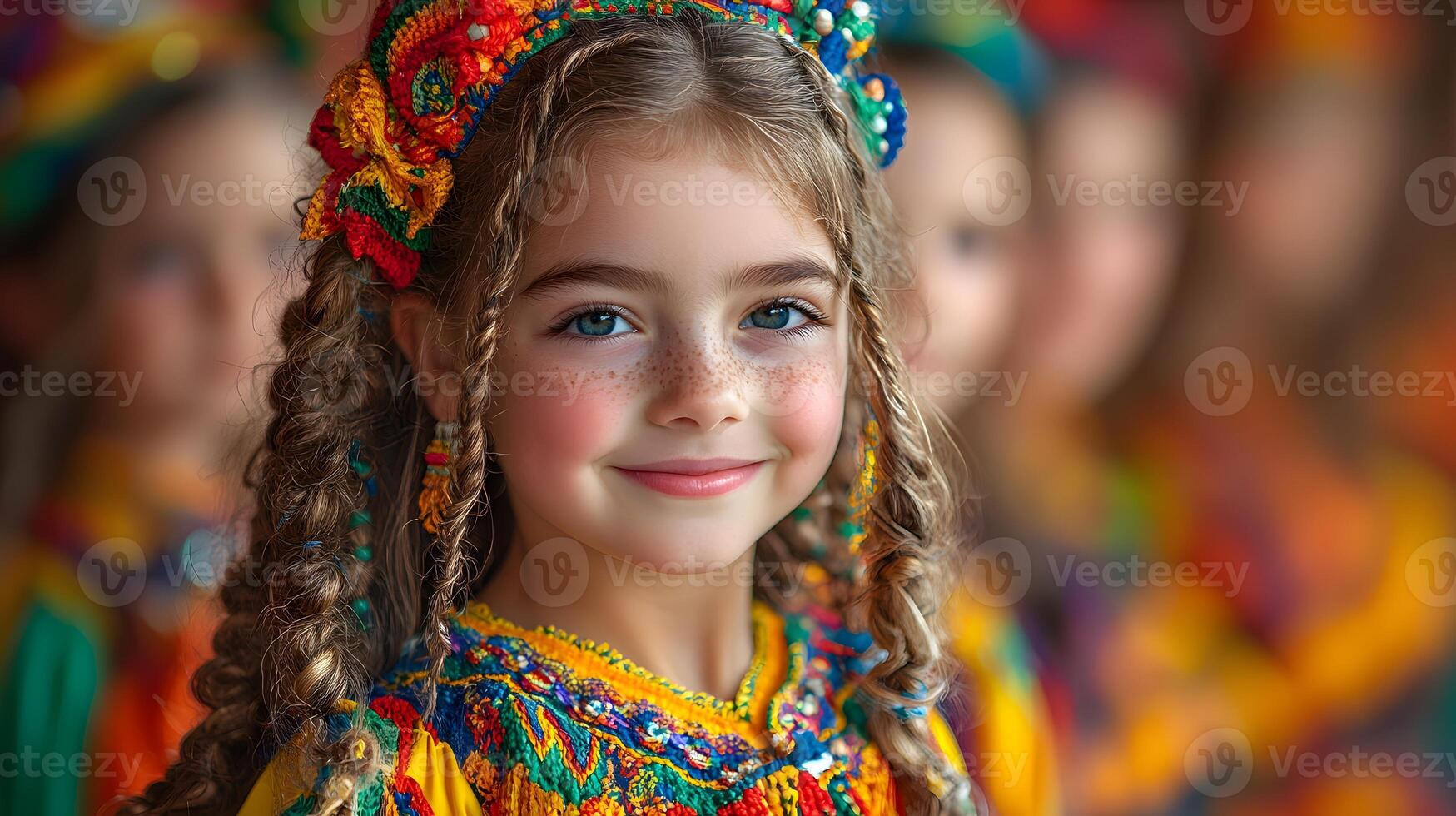 Children learning Irish dance in a cultural workshop wearing vibrant costumes photo