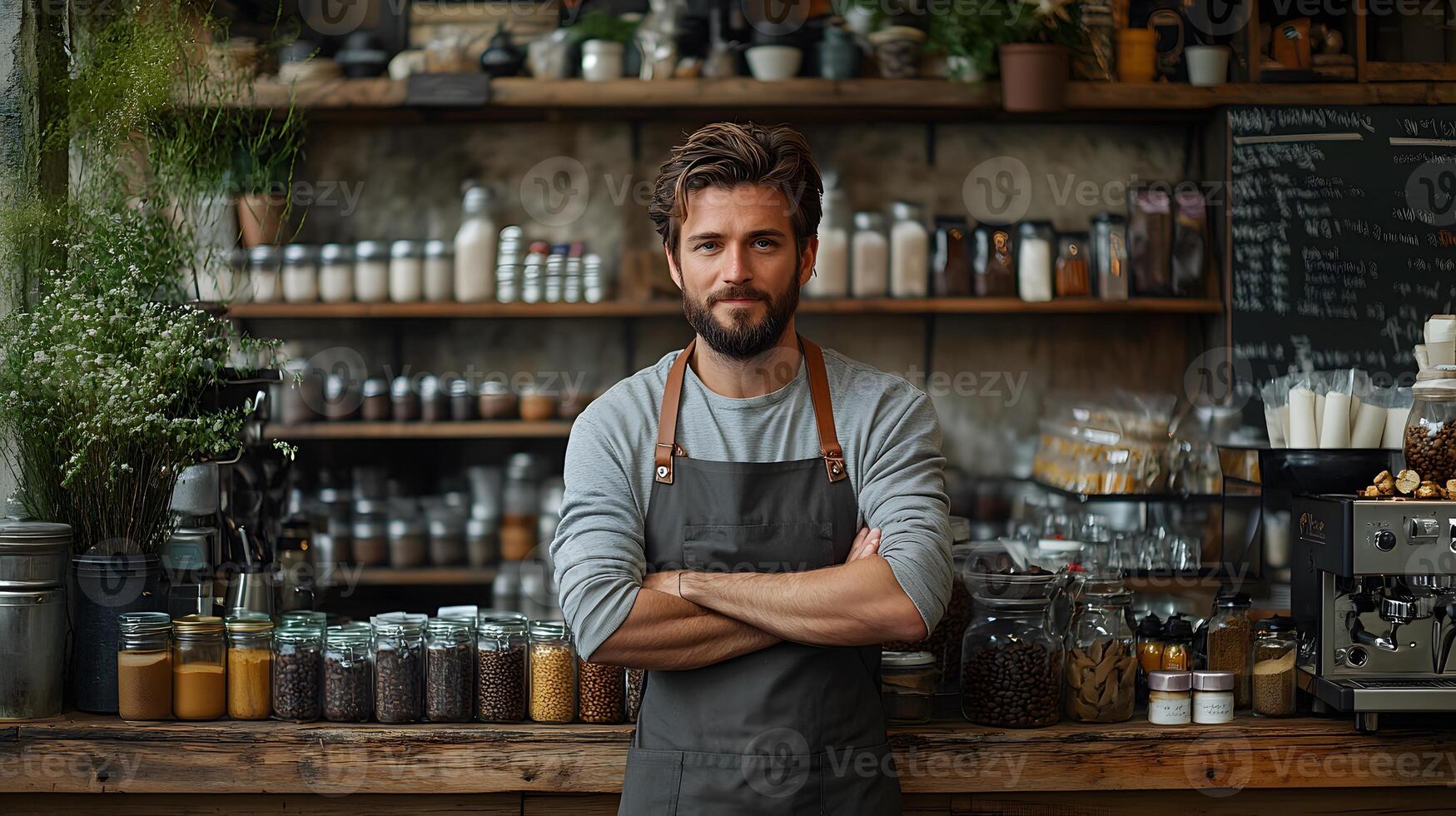 Owner organizing coffee beans and supplies on a wooden shelf in a rustic cafe photo