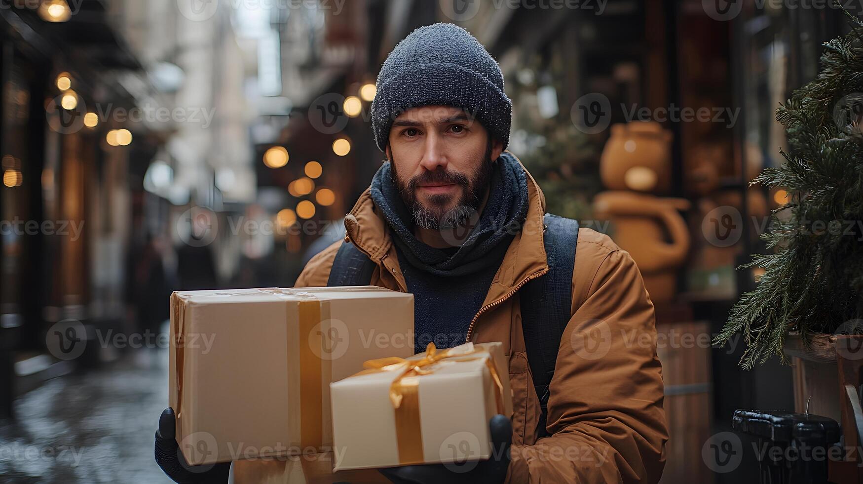 Courier delivering packages showing the end to end process of an online retail business. photo