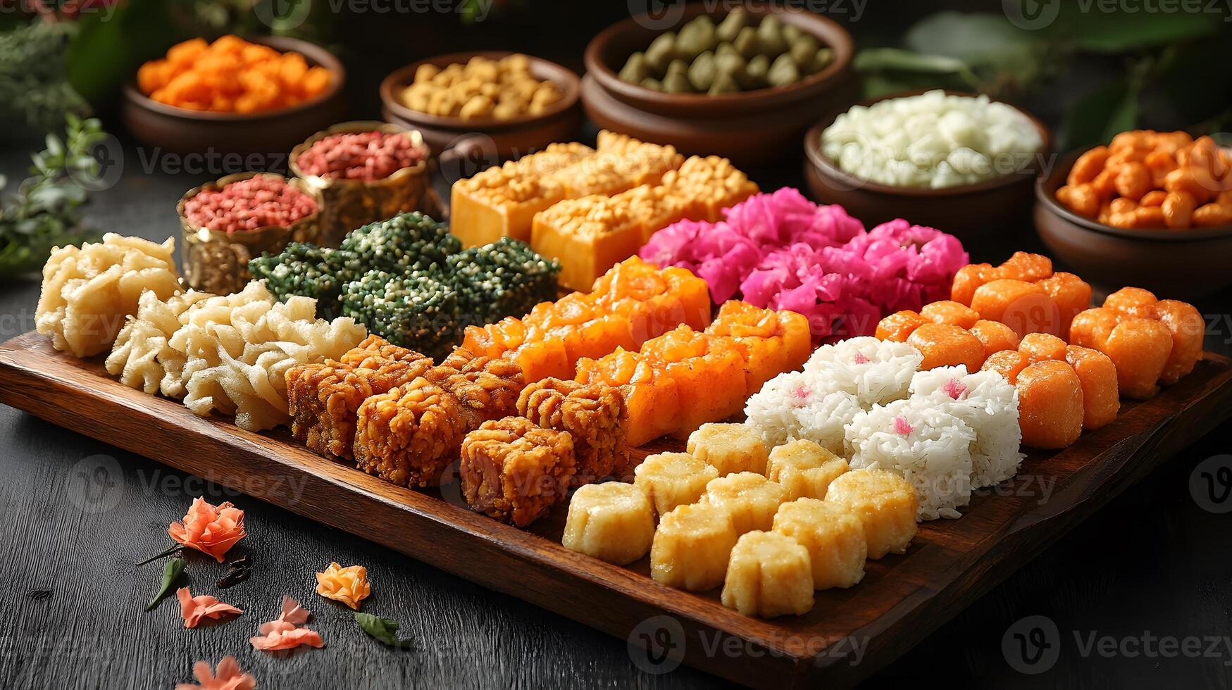 Traditional Sri Lankan sweets and snacks arranged on a wooden tray for Independence Day celebration, festive background photo