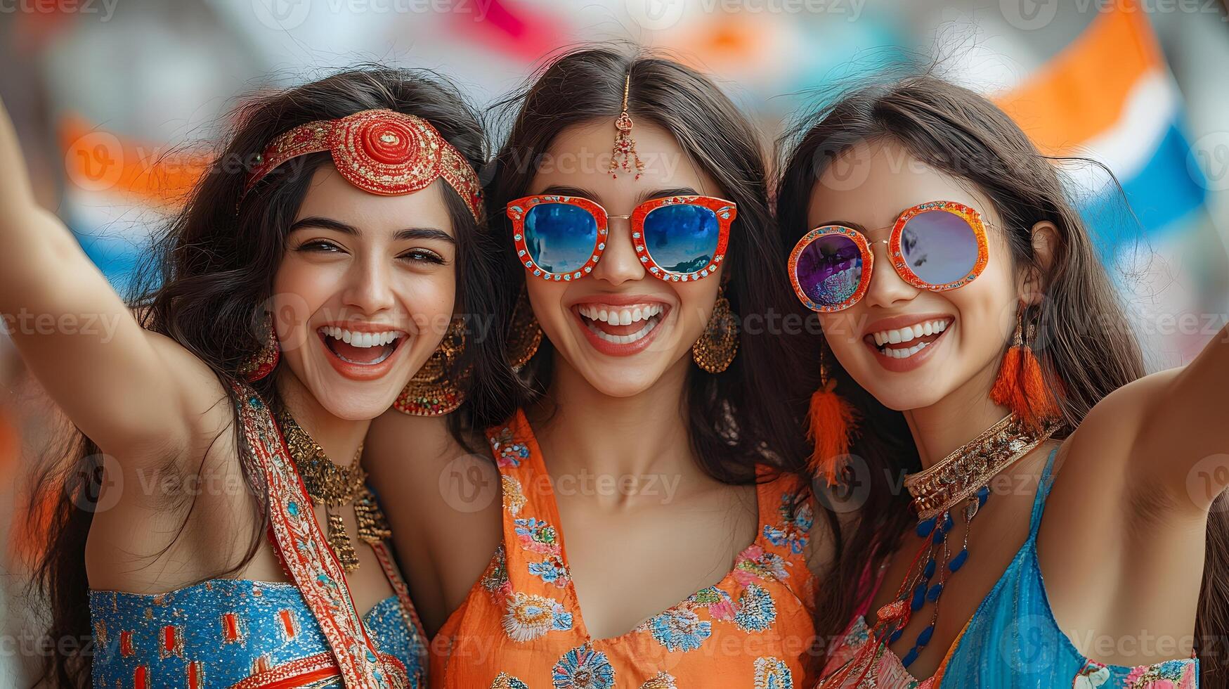 Group of friends in vibrant outfits waving flags at a lively Republic Day street festival photo