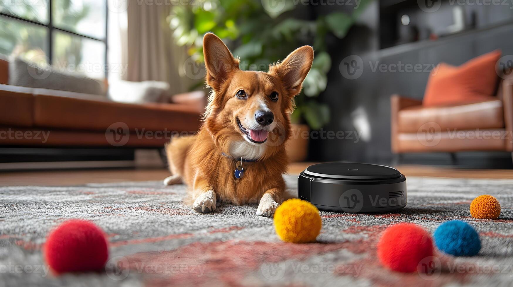 Automated vacuum navigating through a pet friendly home with toys on the floor photo