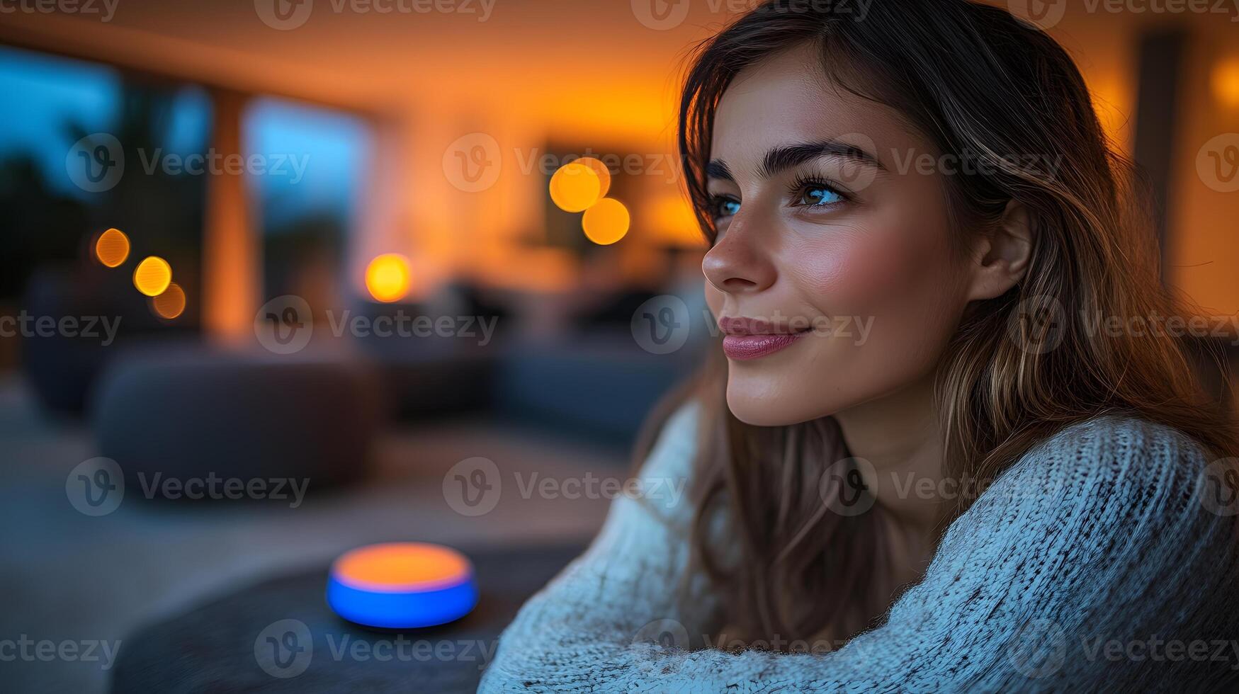 Connected living space with a woman using voice commands to regulate home features photo