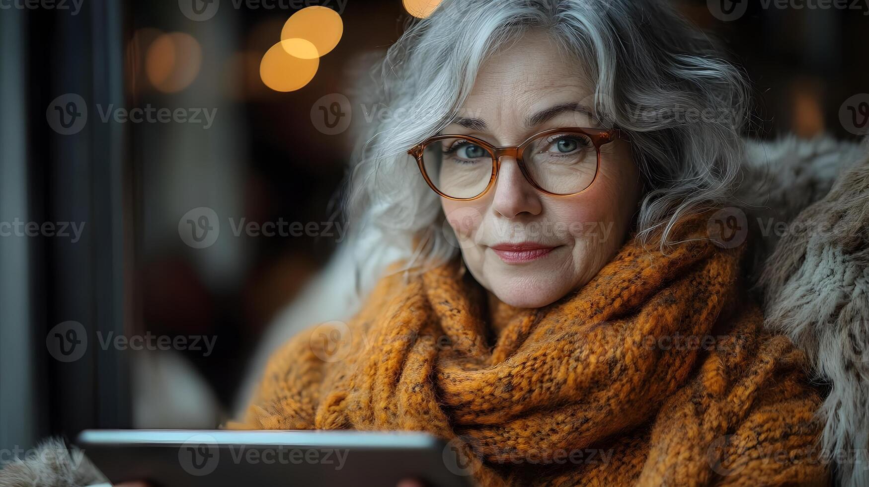 Senior woman using smart tablet with AI-powered companion features in a cozy home setting photo