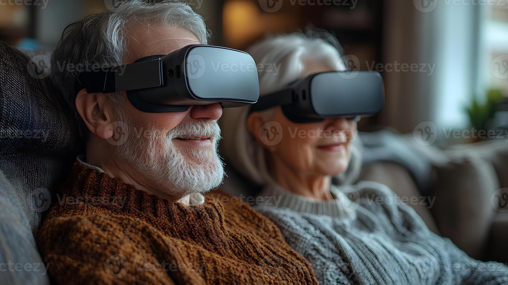 Bright home setting showing a senior couple using VR glasses for an immersive AI experience. photo