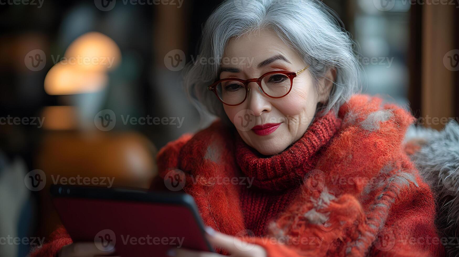 Senior woman using a smart tablet with AI powered companion features in a cozy home setting photo