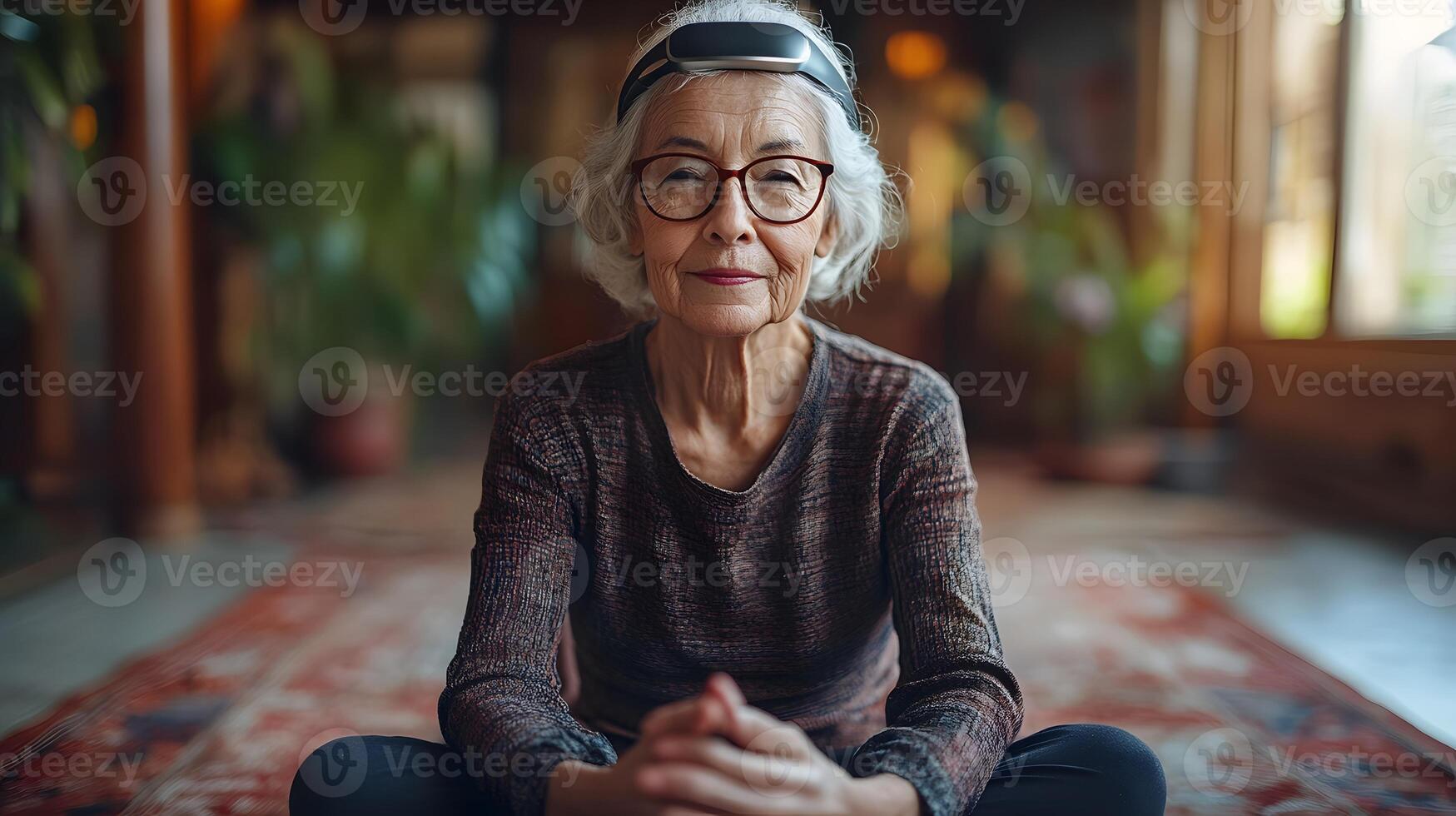 Senior woman using an AI-powered device for fitness tracking and health monitoring at home photo
