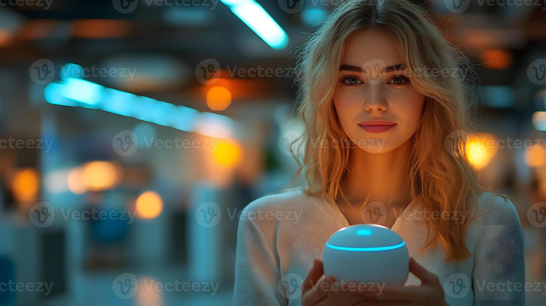 Woman in a bright office using an AI assistant to organize meetings and reminders. photo