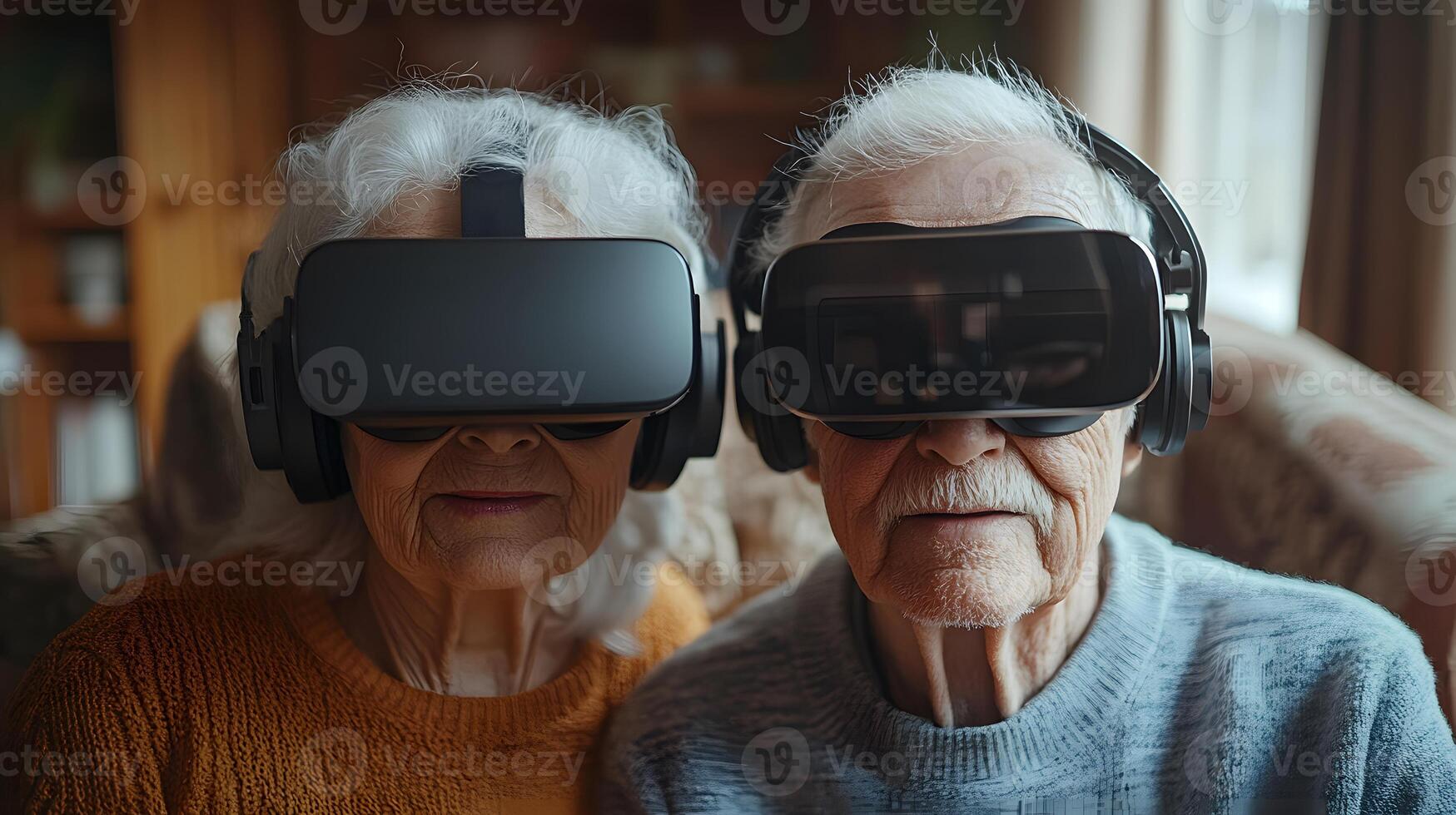 Scene of a senior couple experiencing AI technology through VR in a home environment photo