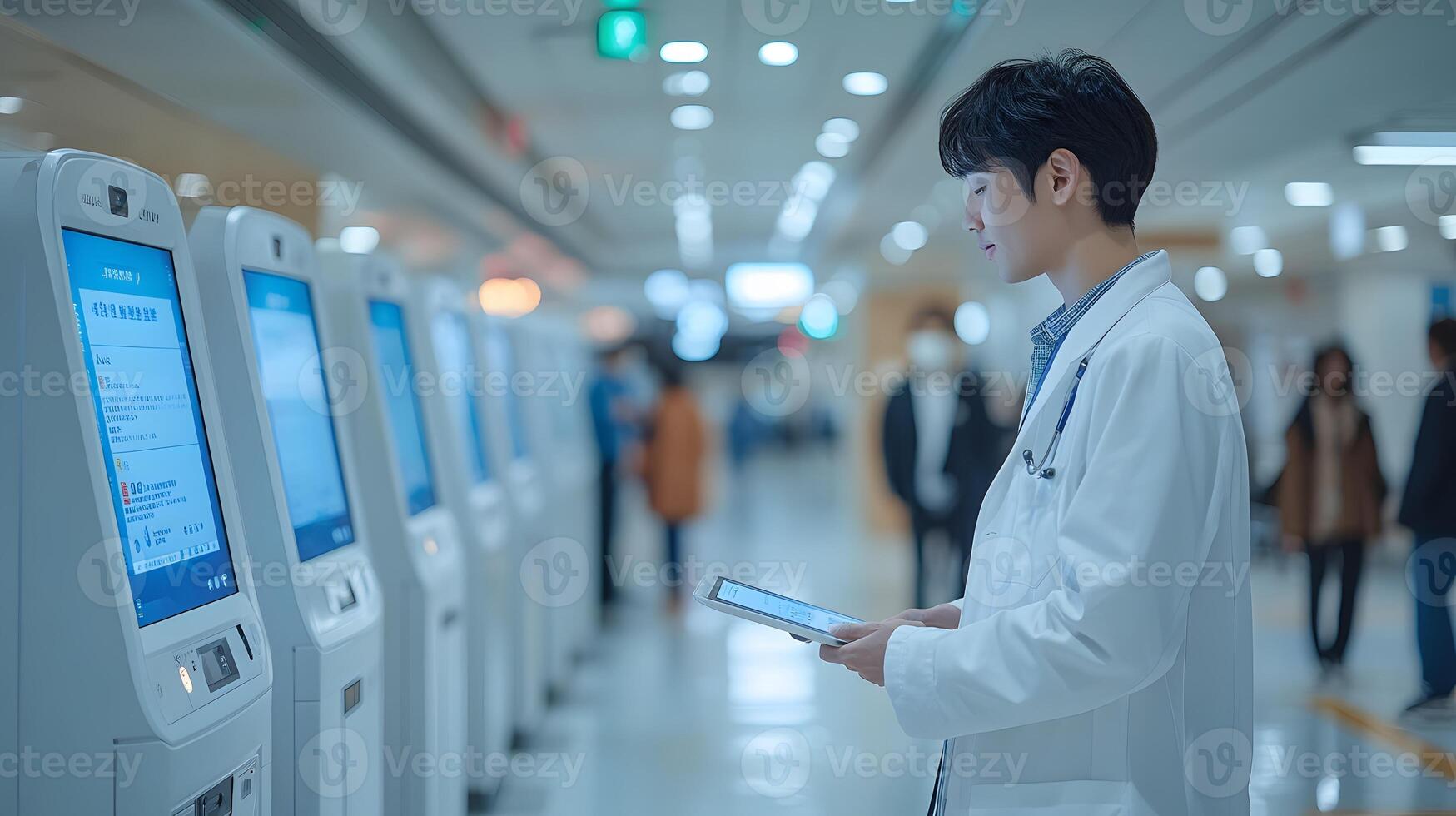 Patients interacting with AI kiosks for self-check-in at hospitals photo
