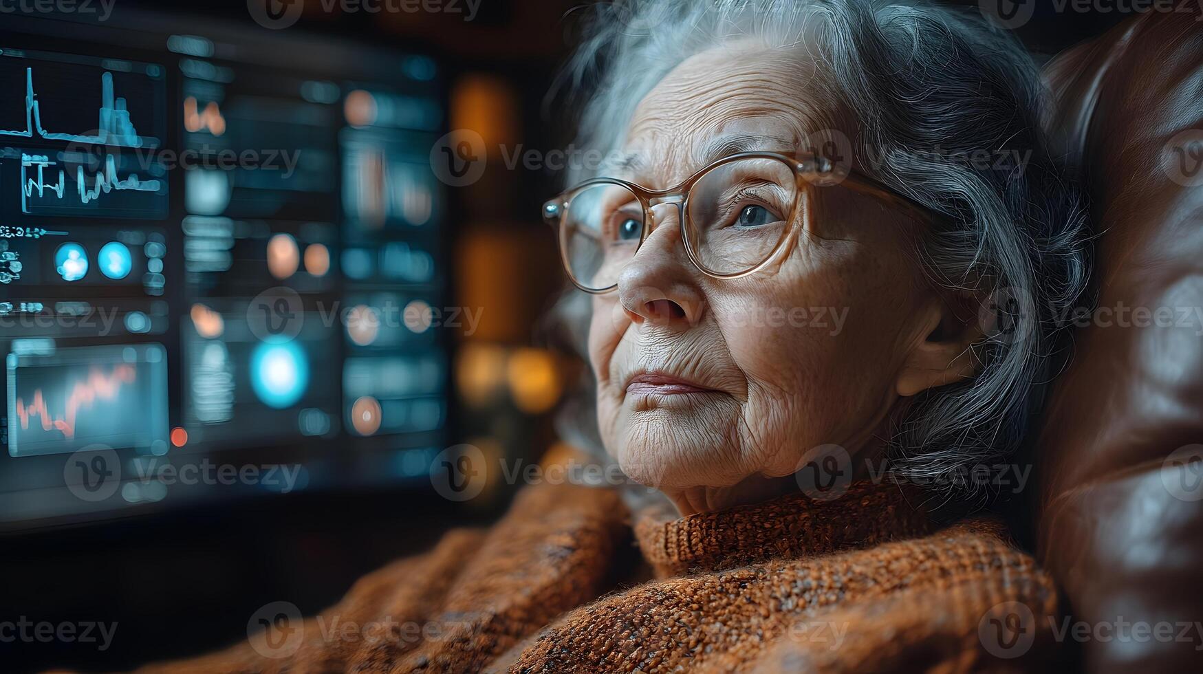 Elderly patient wearing a health tracker at home while AI monitors real-time data photo