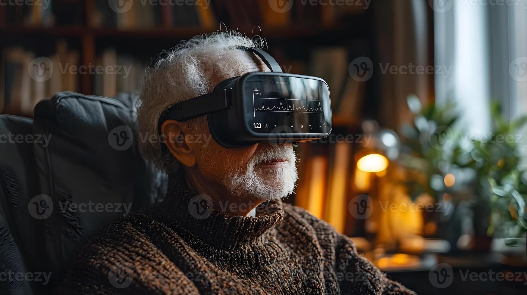 Elderly patient wearing a health tracker at home while AI monitors real time data photo