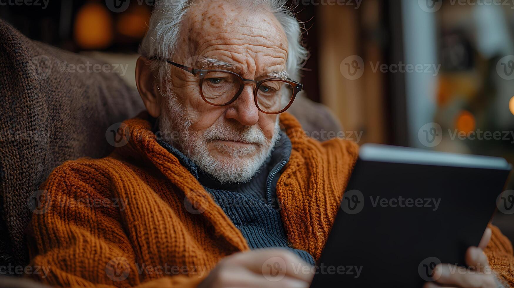 Elderly patient in a comfortable home setting while AI processes wearable health data photo