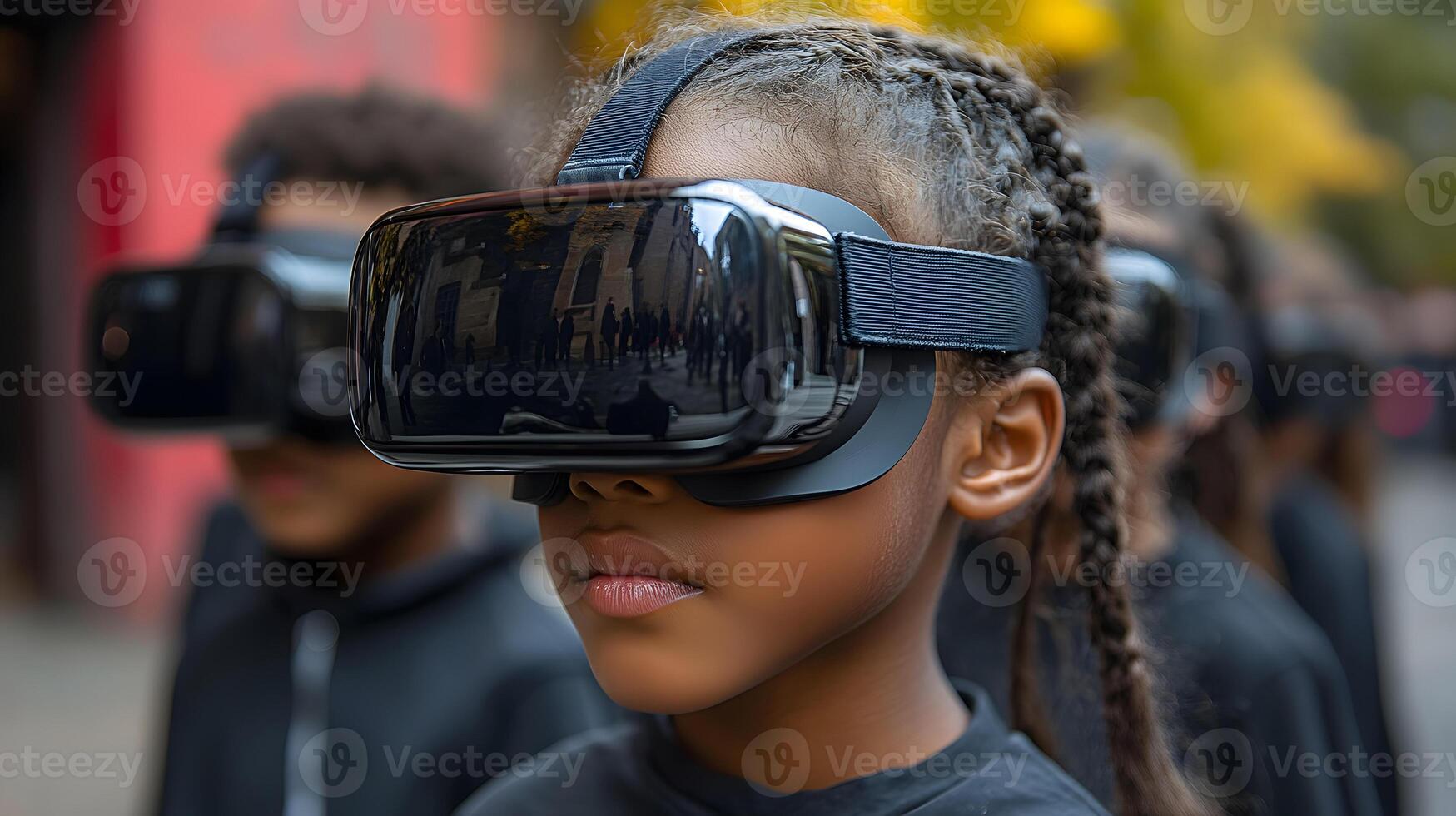 Kids using VR headsets to experience famous historical events in a classroom setting. photo