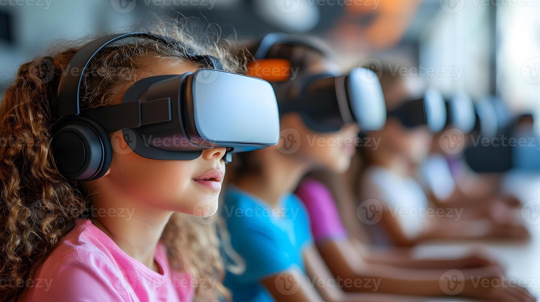 Kids using VR headsets to experience famous historical events in a classroom setting photo