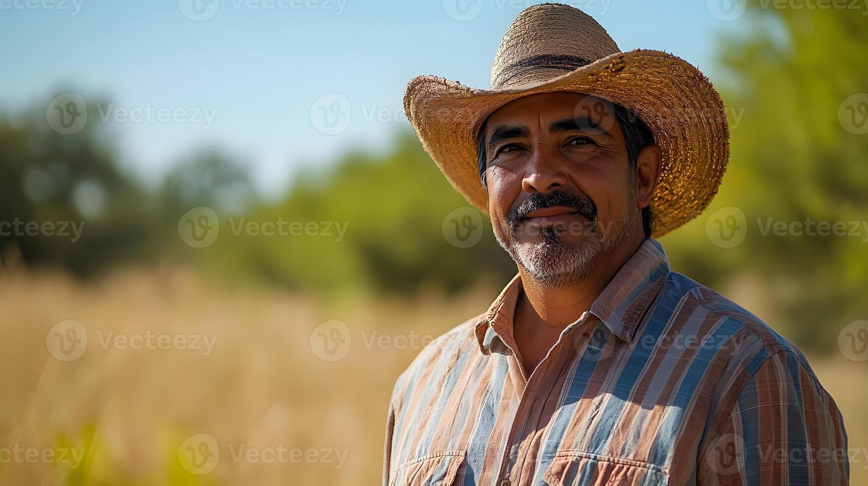 A farmer using AI powered drones to monitor crop health across vast farmland under clear skies photo