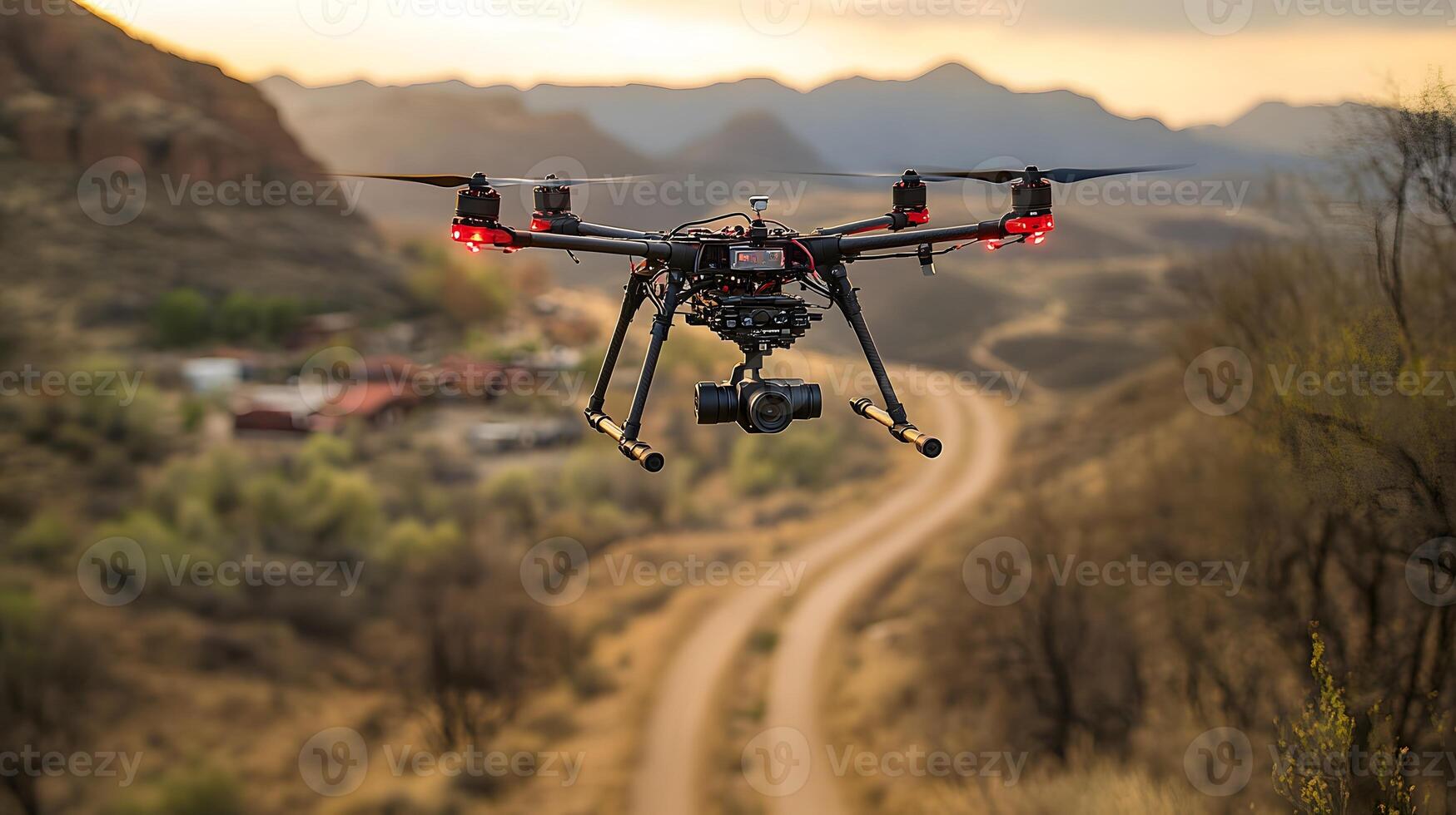 Drones equipped with cameras spraying pesticides evenly over fields photo