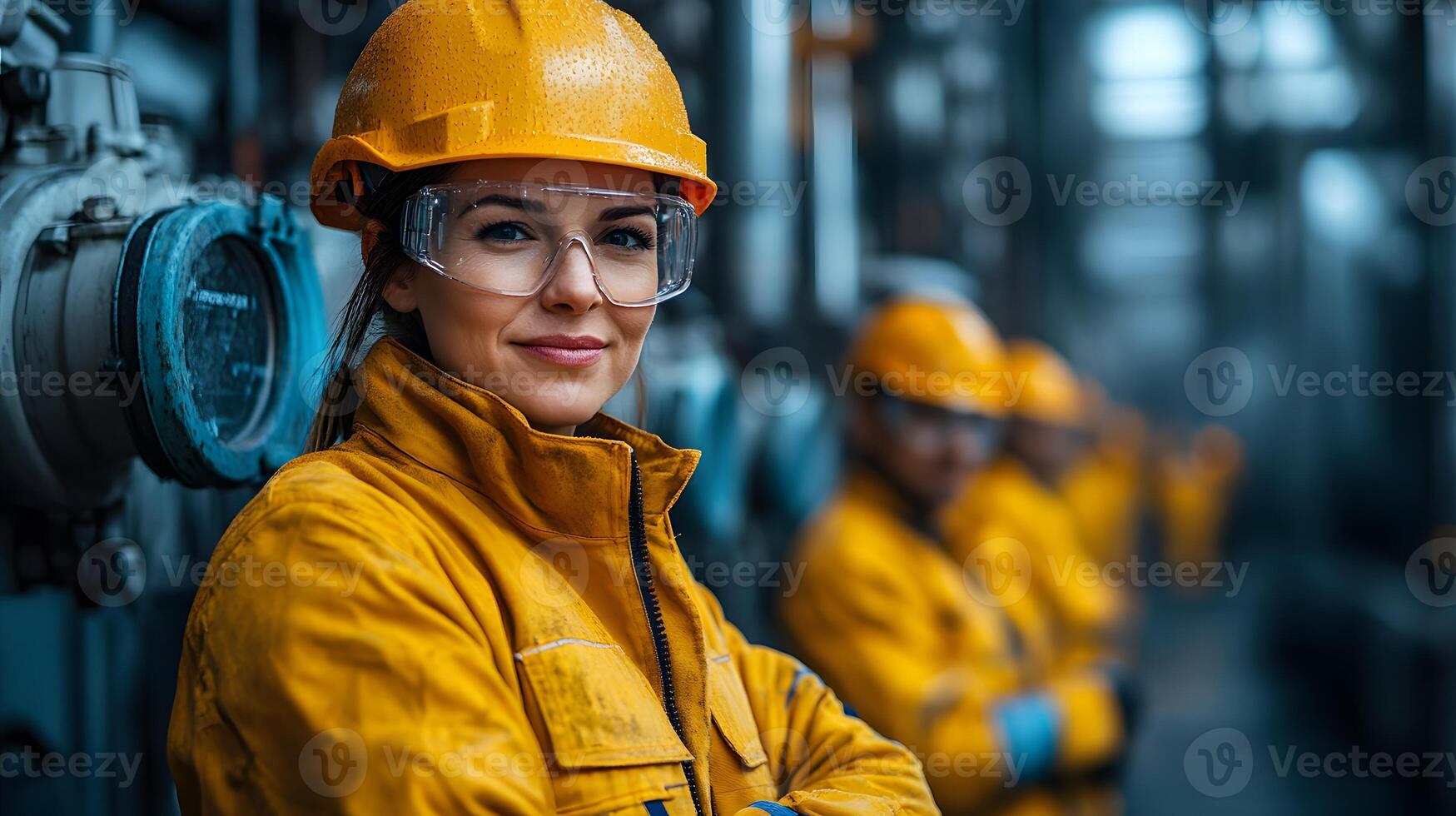 Factory workers leveraging AI dashboards for predictive maintenance and safety checks. photo