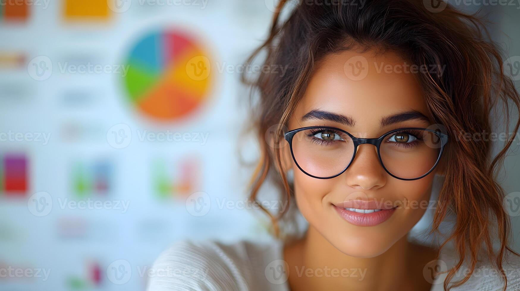 A female CEO analyzing real-time data projections and financial statistics using a floating business chart photo