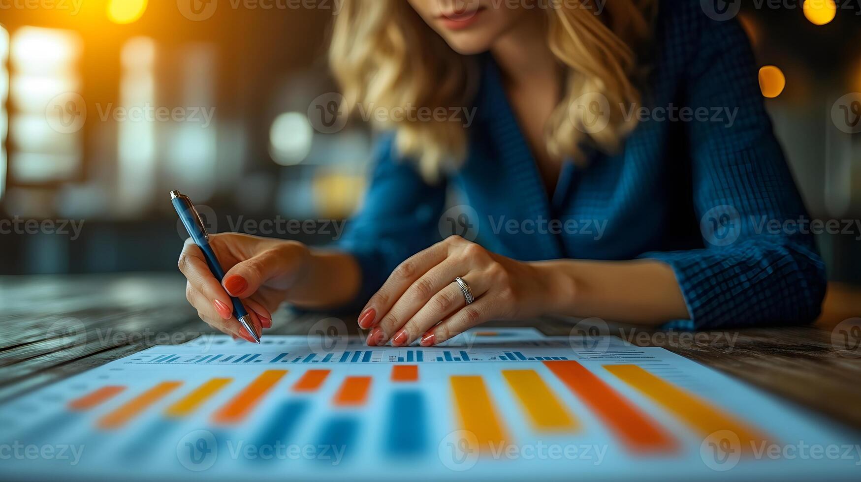 A female CEO analyzing real time data projections and financial statistics using a floating business chart photo