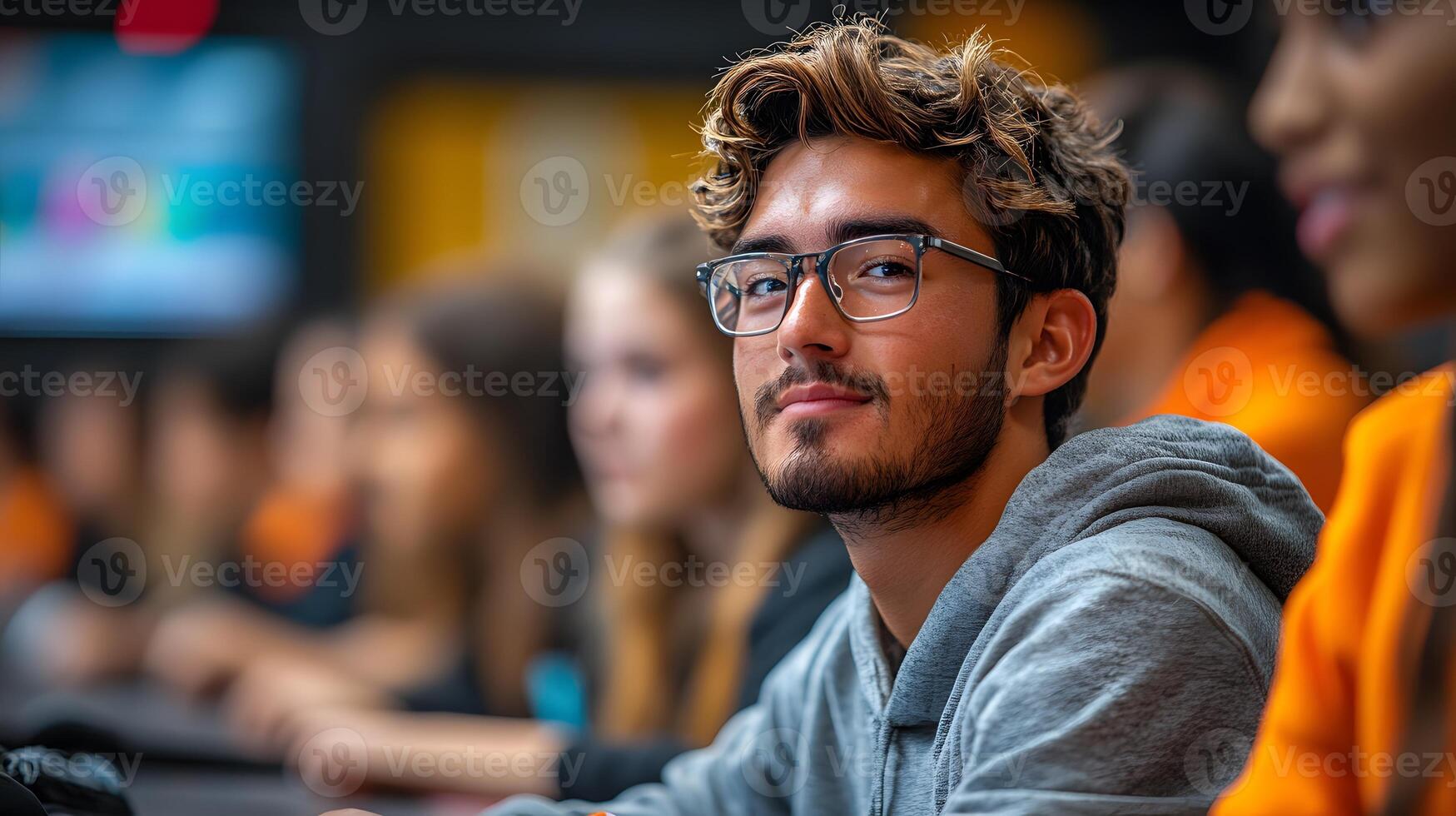 High-energy classroom environment with students engaging in interactive AI-based group activities photo