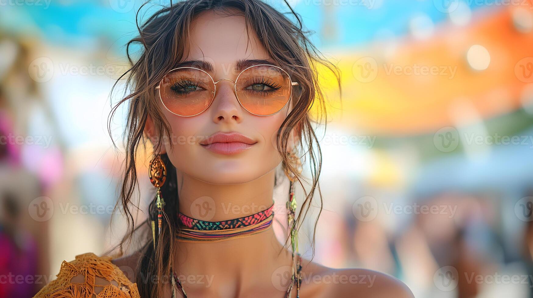A boho-inspired outfit shot featuring a festival attendee with a colorful backdrop of art installations photo