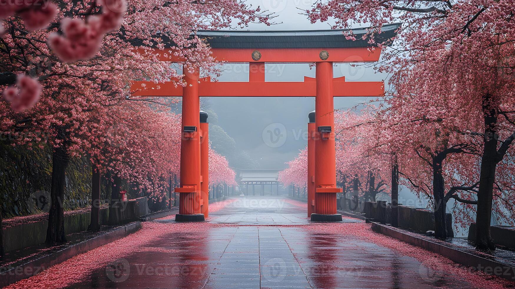 A traditional Japanese torii gate surrounded by blooming sakura in a scenic landscape. photo