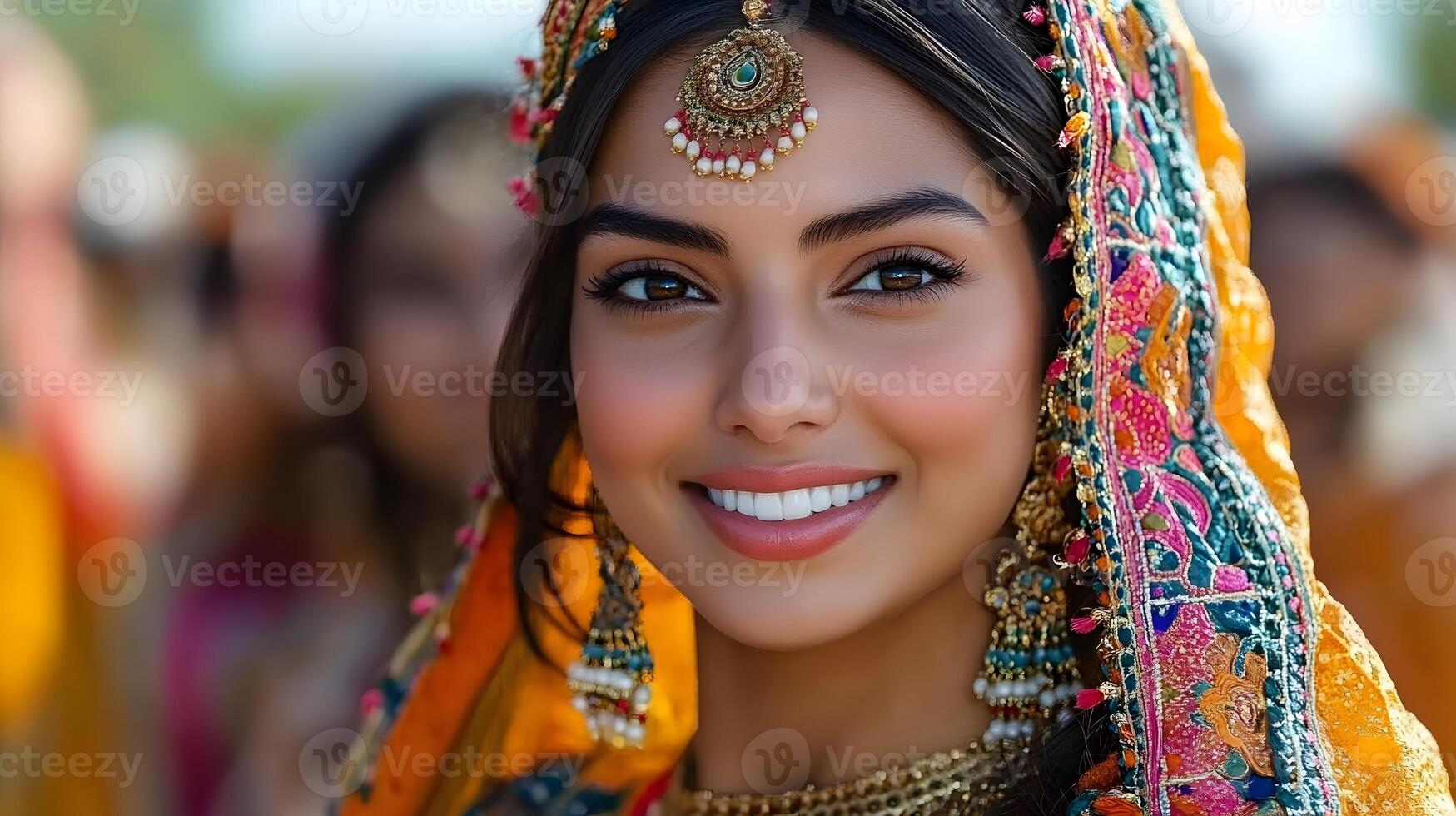 A dancer performing the traditional Bhangra dance in vibrant Punjabi attire at a Vaisakhi event photo