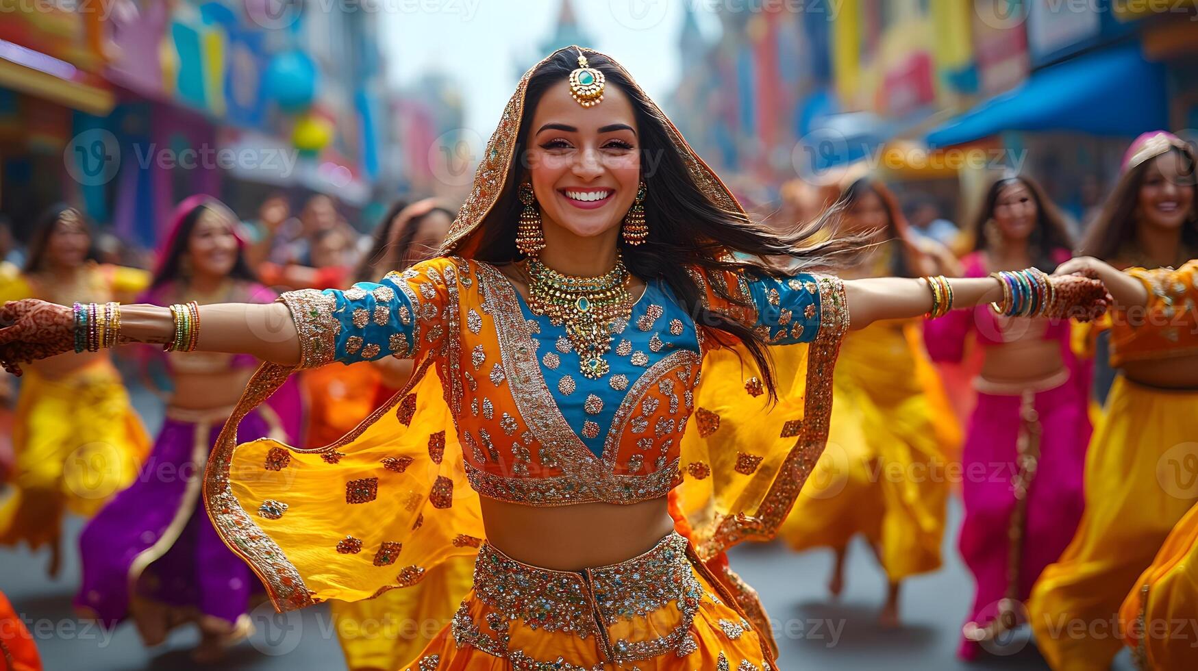 A colorful Vaisakhi parade with people wearing traditional Punjabi attire dancing in the streets photo