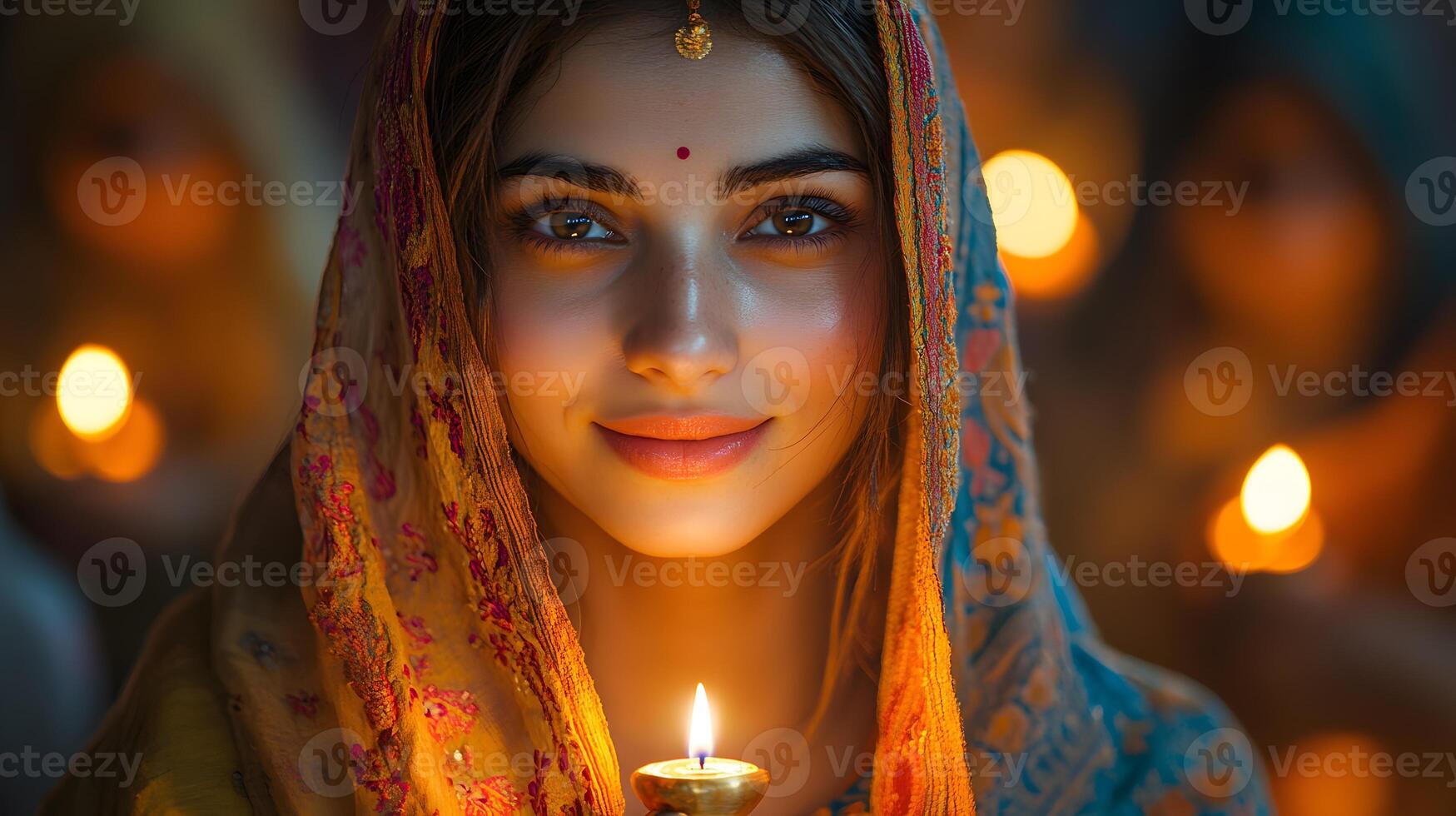 A young woman wearing a colorful dupatta and holding a candle during Vaisakhi prayers photo