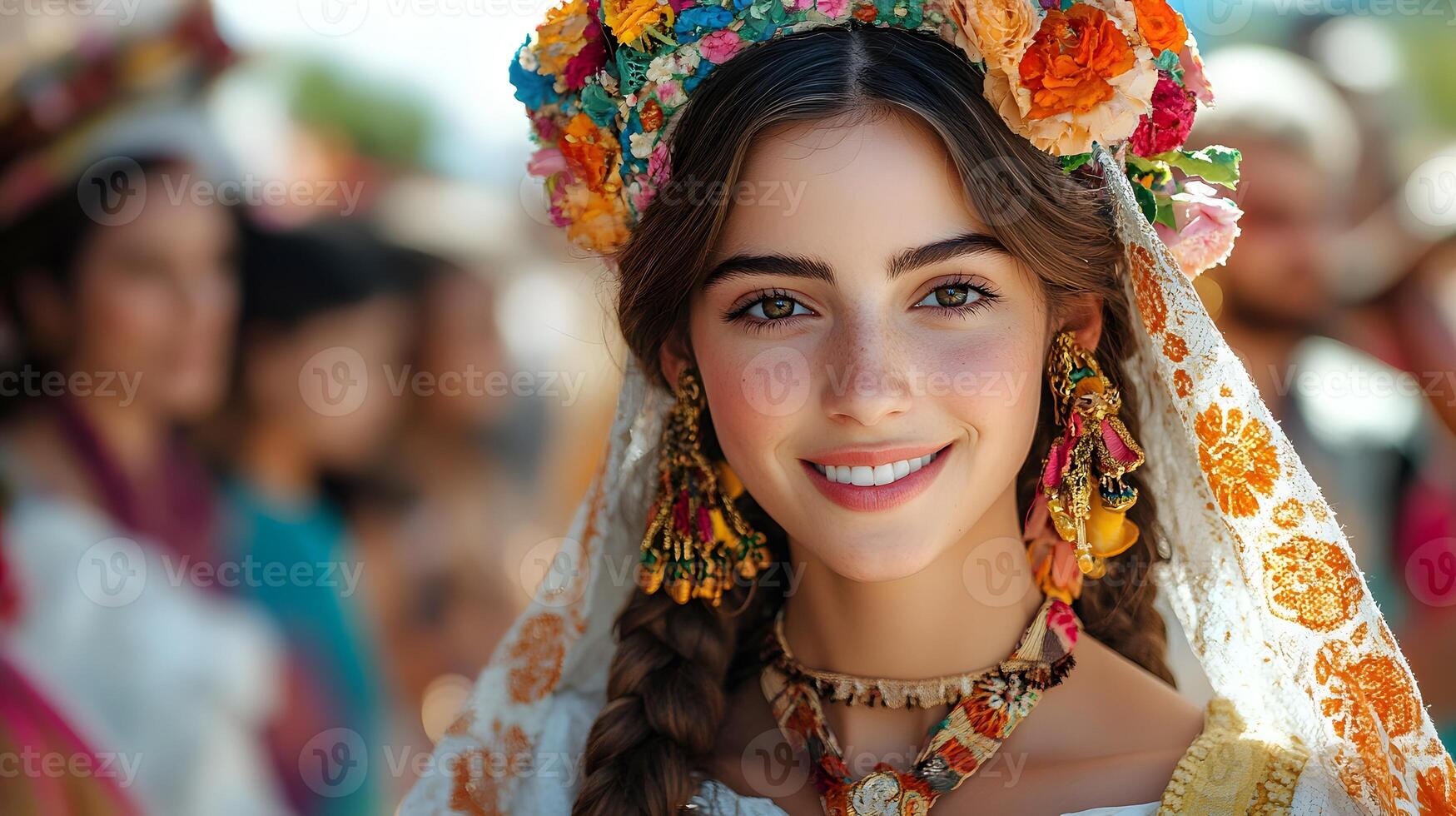 A group of locals dressed in traditional Spanish attire walking through Valencia's streets during Las Fallas photo