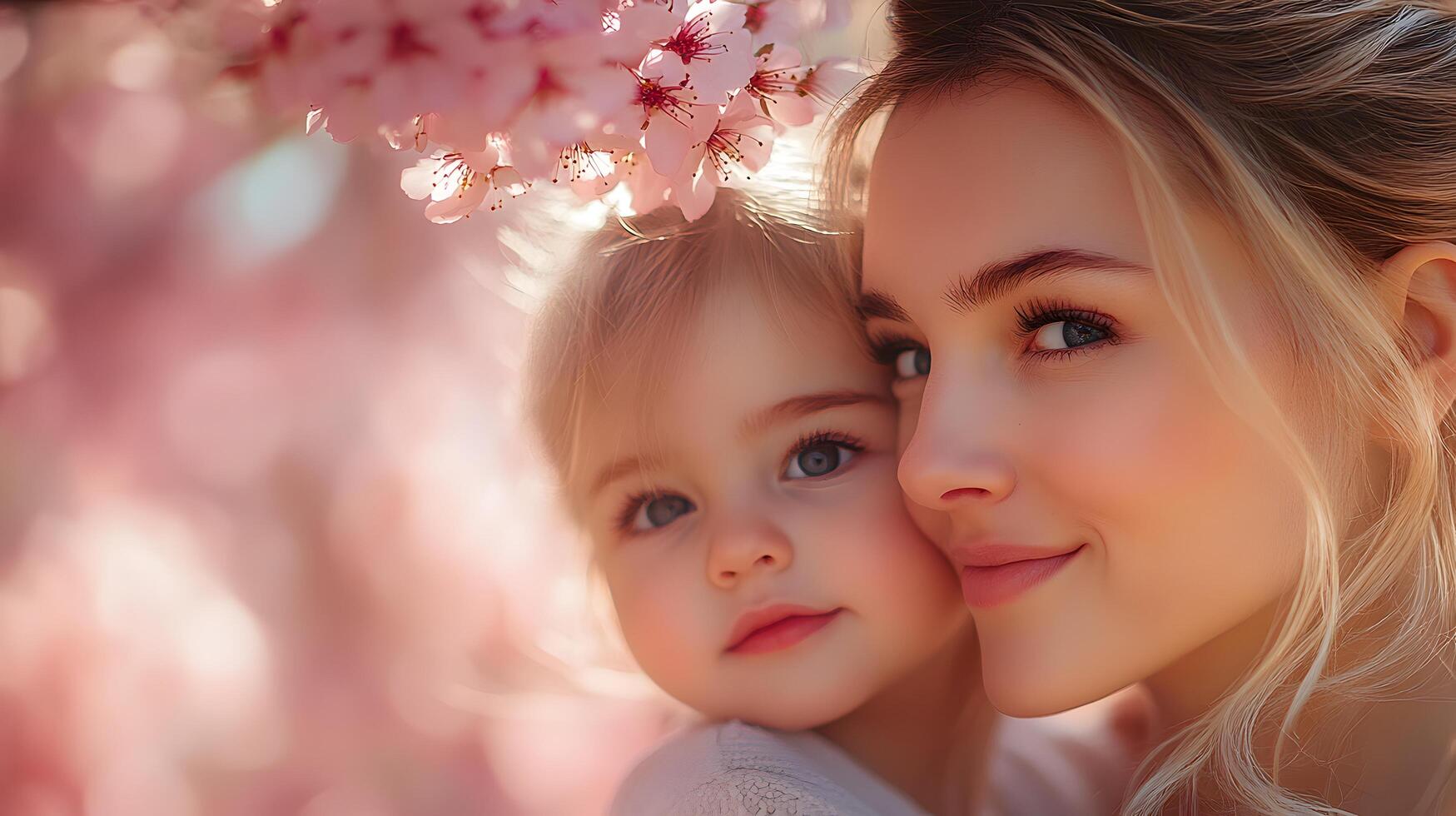 A mother and child admiring cherry blossoms while enjoying a sunny spring day in a park photo
