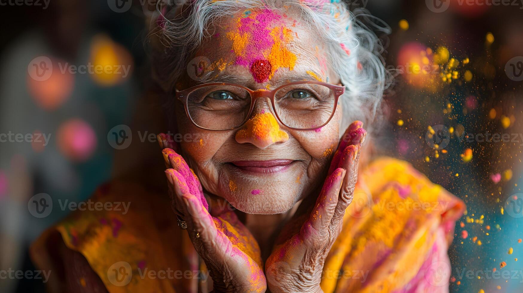A group of elders joyfully participating in Holi celebrations, throwing colors and reminiscing traditions photo