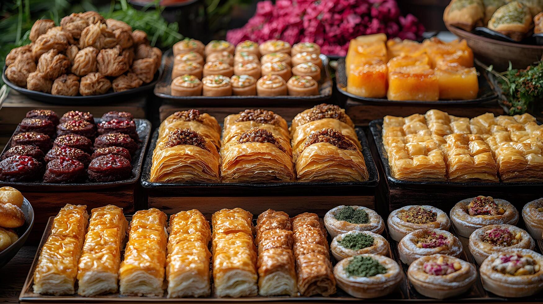 A close-up of traditional Persian sweets like baklava and pastries arranged on a Nowruz celebration table photo