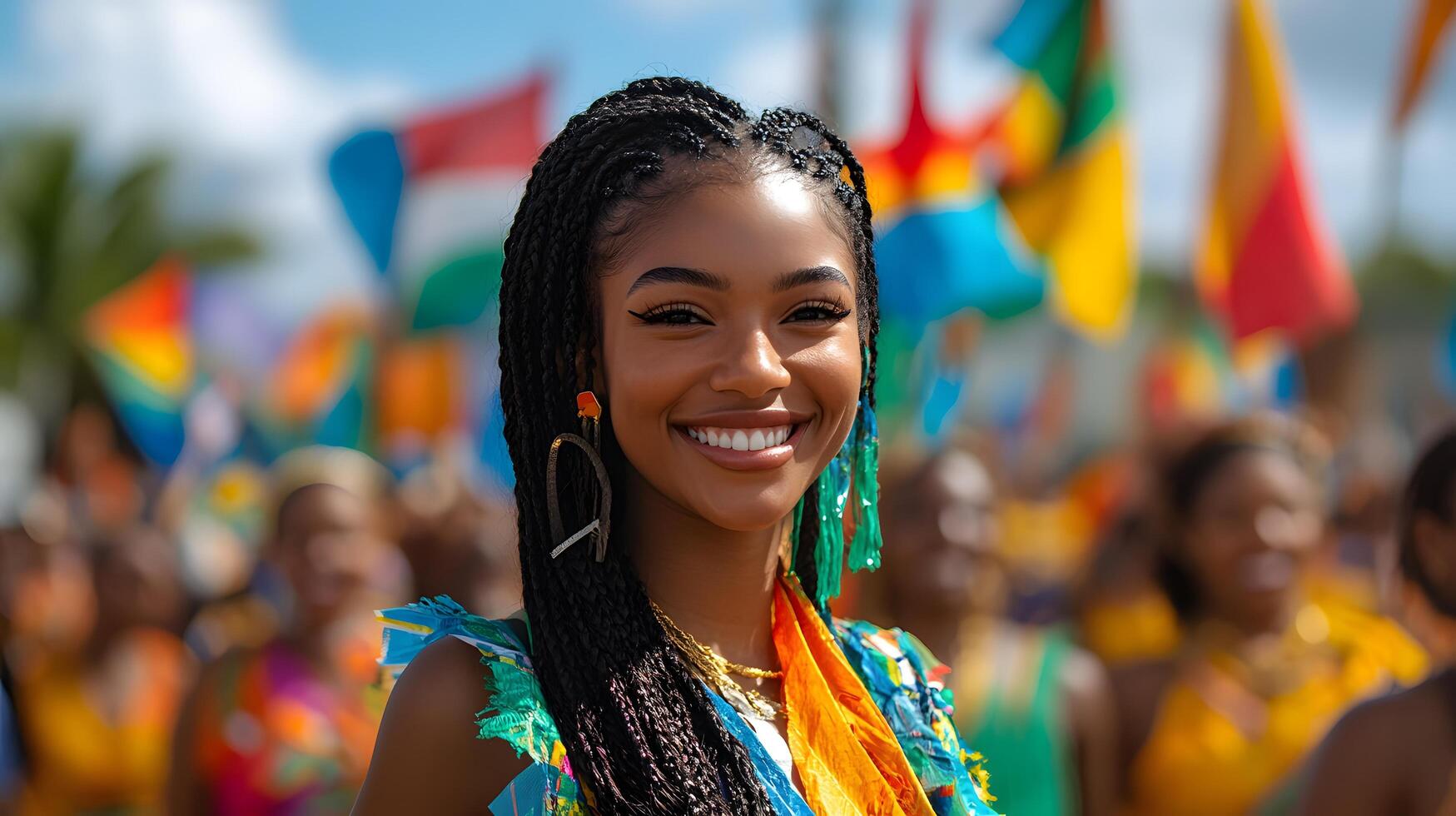 Vibrant Juneteenth celebration featuring symbolic flags and diverse people honoring freedom photo