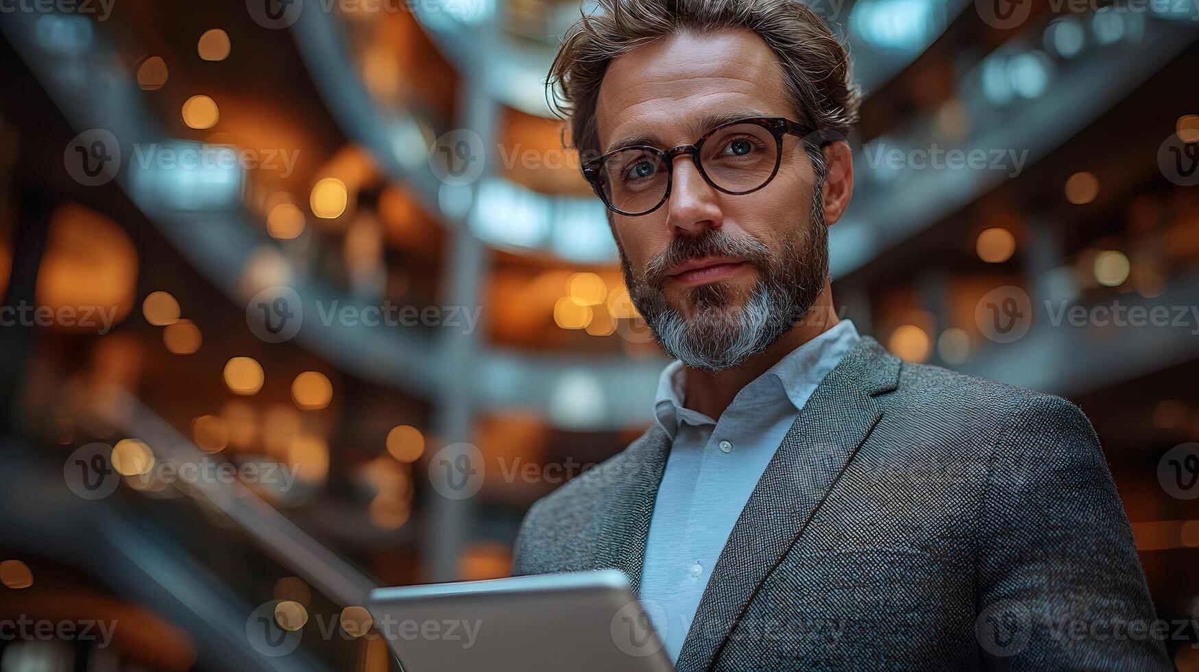 Business manager evaluating cost-saving options on a tablet in a sleek high rise office. photo