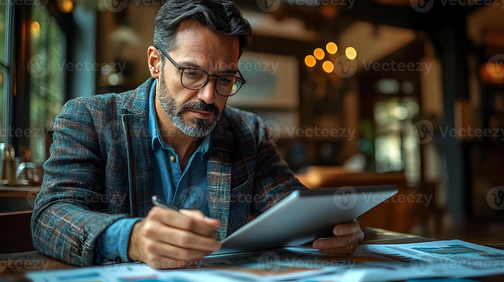 Business expert reviewing graphical financial data for optimization solutions on a digital tablet. photo