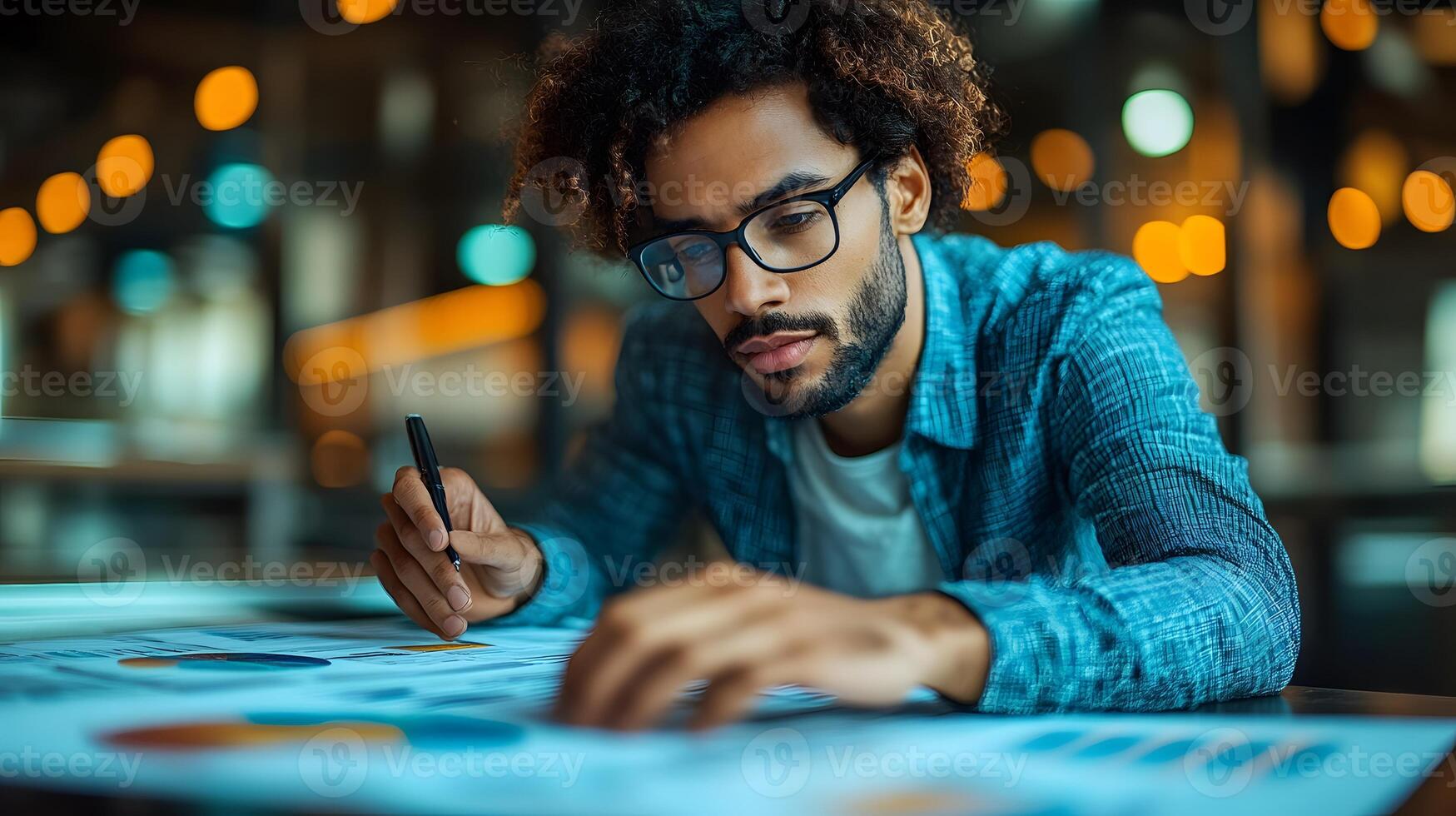 Corporate leader analyzing data-driven savings plans with advanced visual tools in a tech-savvy office photo