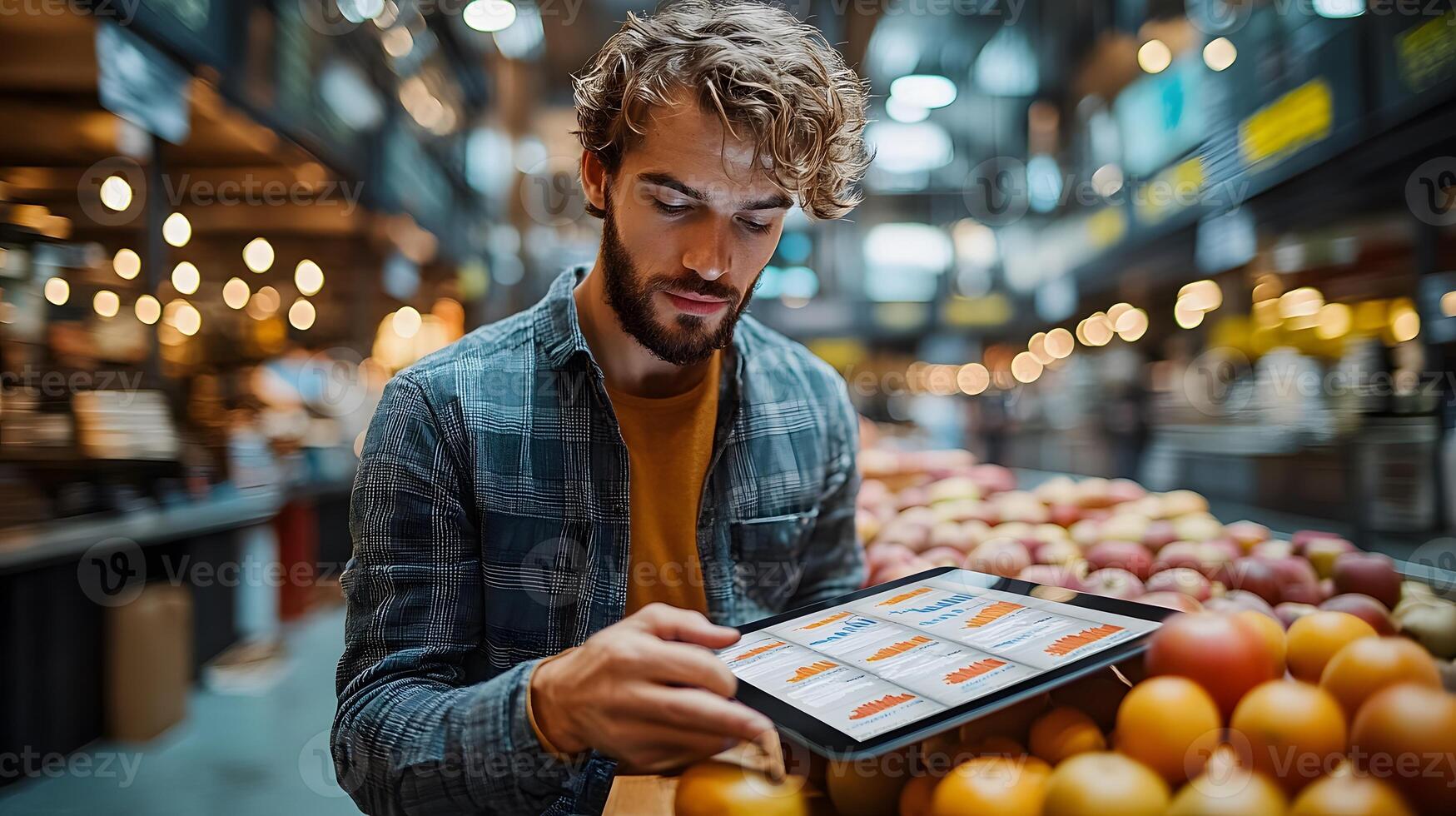 Businessman using a tablet to study financial charts in a well lit modern workspace photo