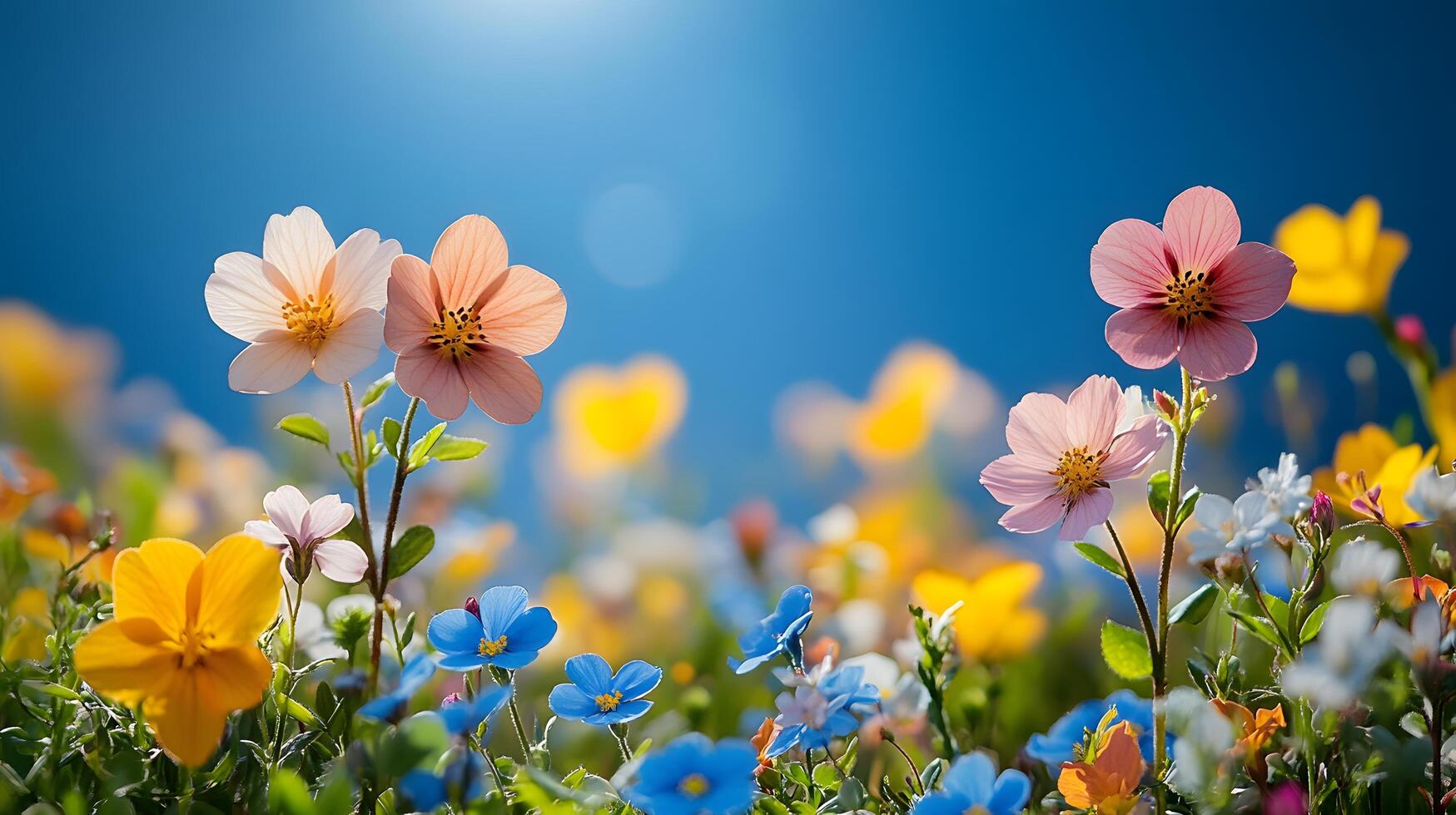 A sunny meadow with wildflowers blooming and a clear blue sky, symbolizing the start of summer photo