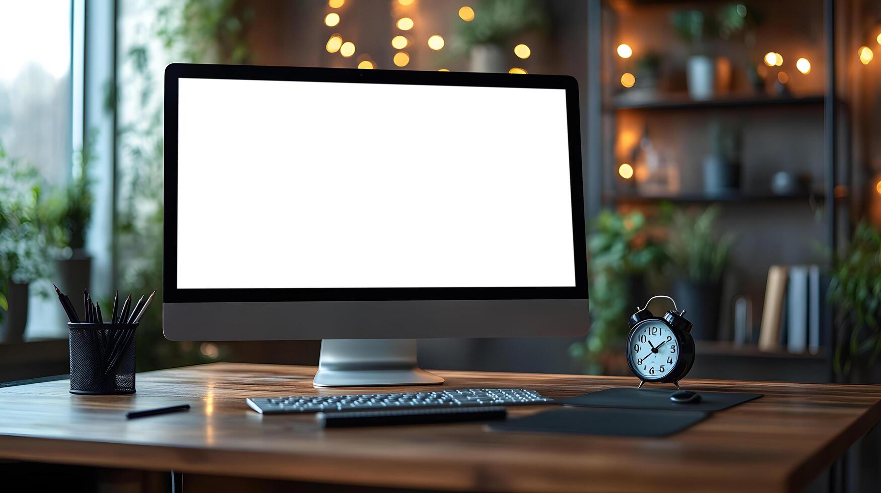 Clean and practical desk setup with computer clipboard coffee mug calculator clock wall graph 8K photorealistic photo
