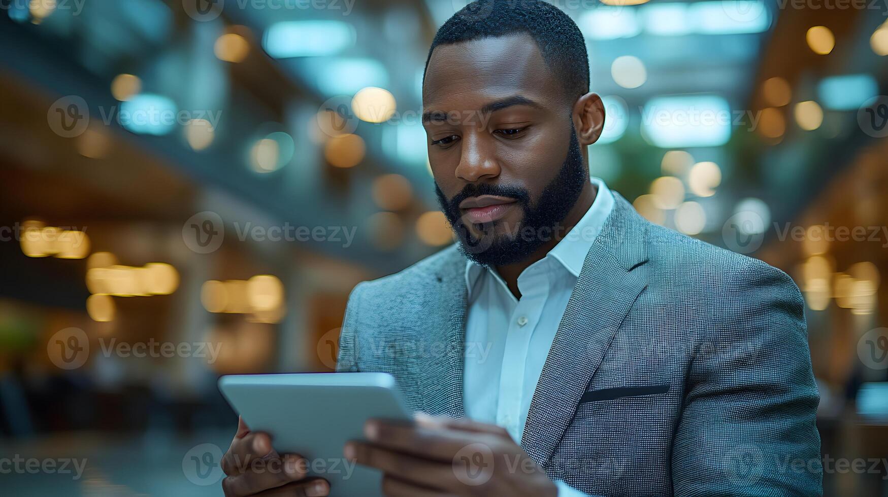Business manager evaluating cost saving options on a tablet in a sleek high-rise office photo