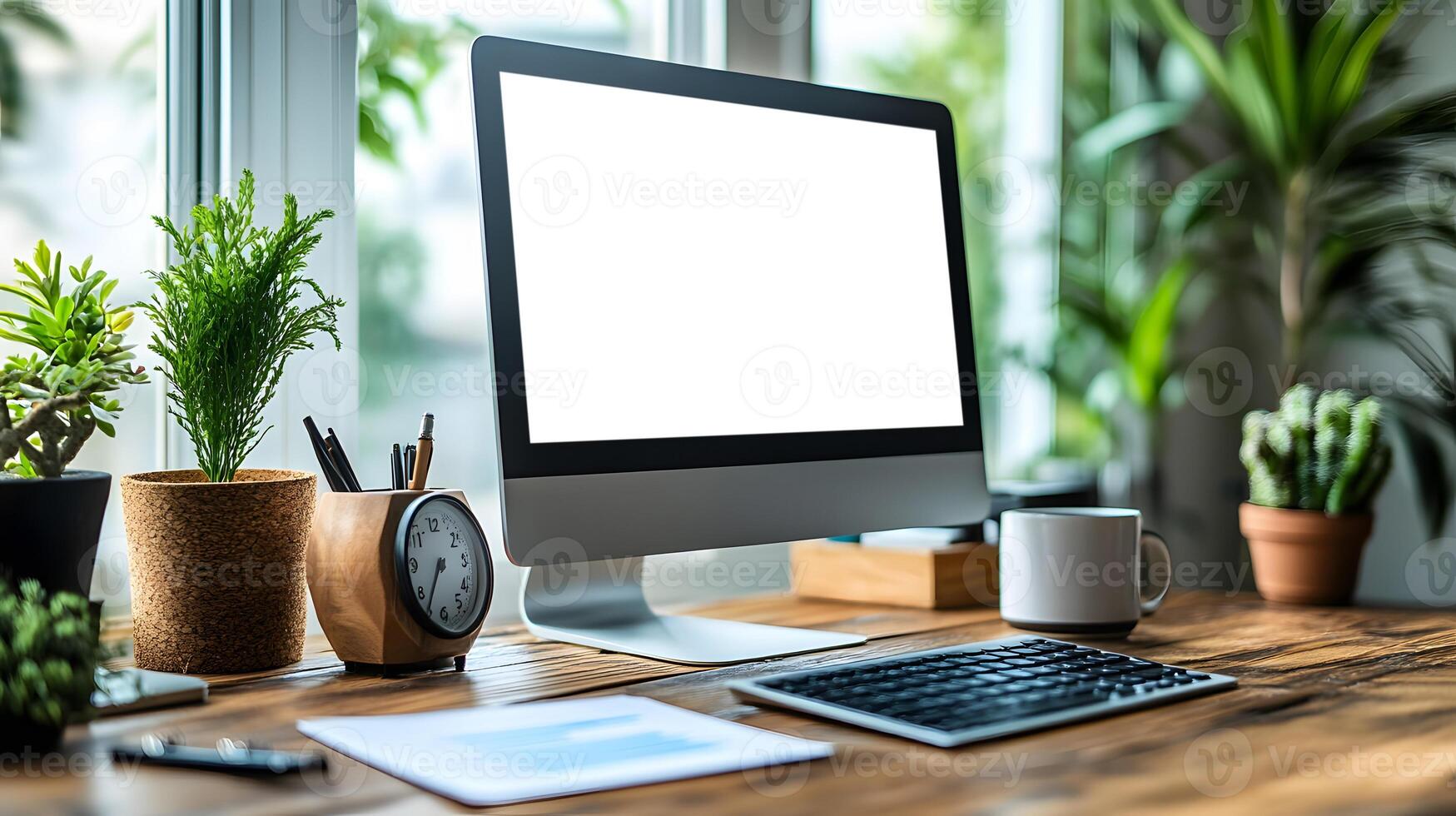 Realistic office scene with neat desk setup computer clock clipboard calculator coffee mug data chart photo